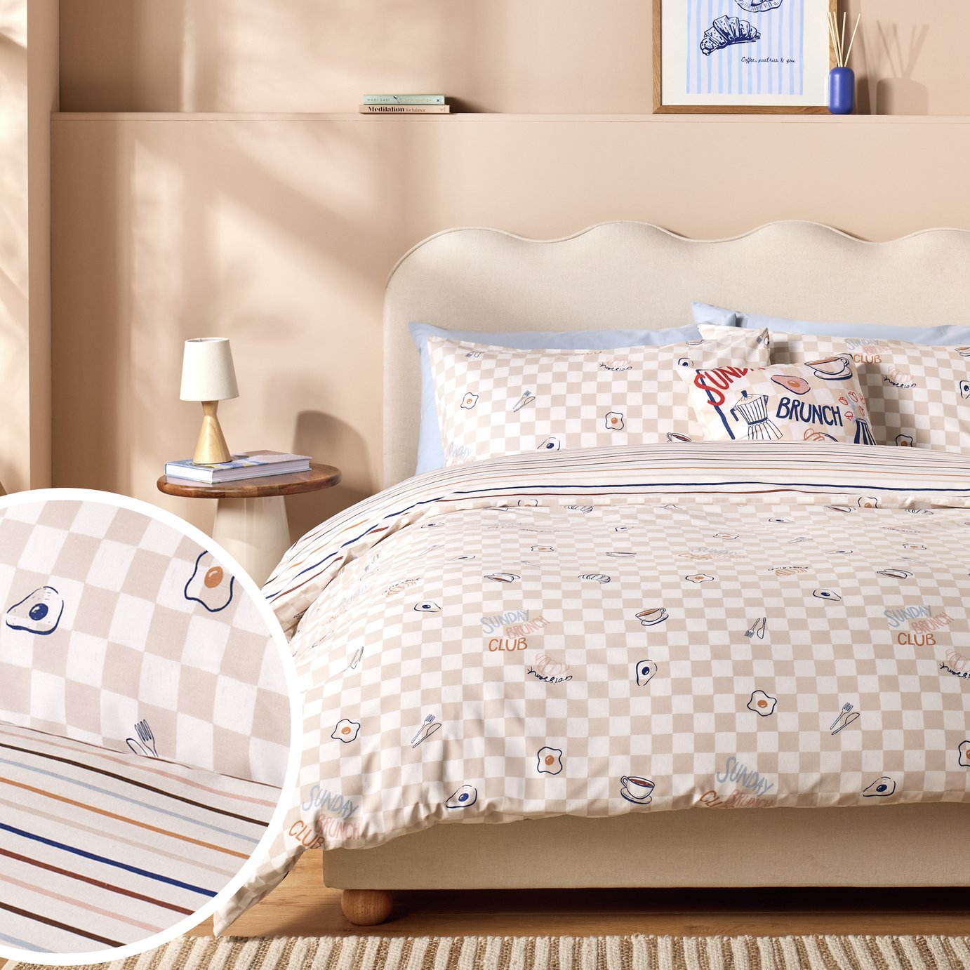 Argos Home Brunch Club Beige Bedding Set - Double