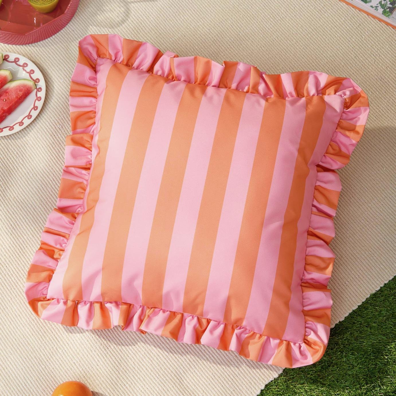 Furn Ruffle Stripe Pink Outdoor Cushion