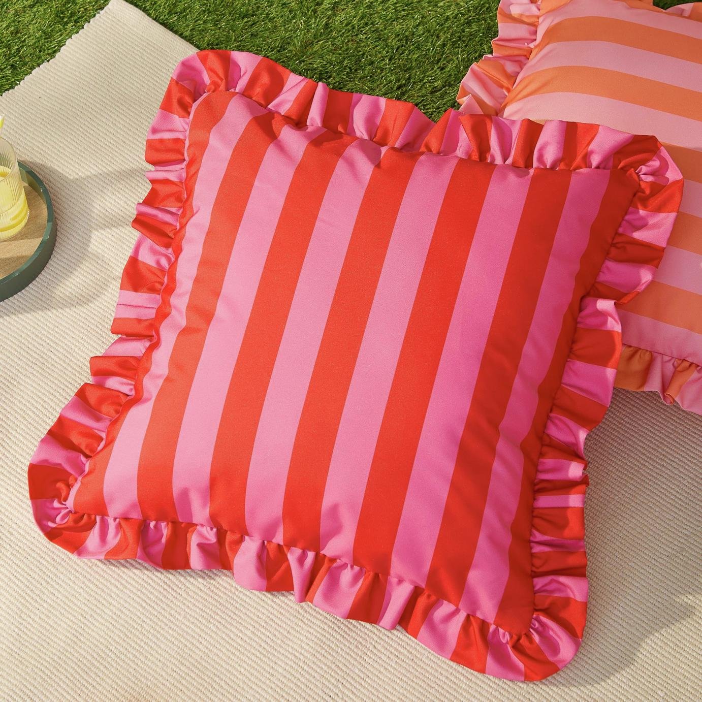 Furn Ruffle Stripe Red Outdoor Cushion
