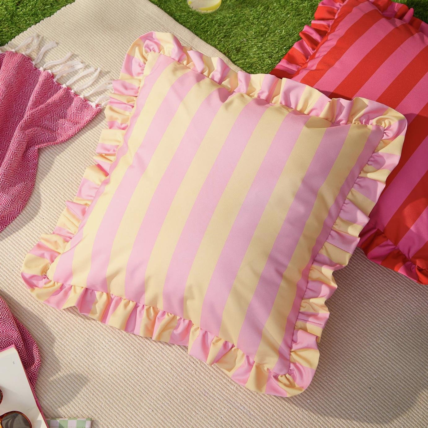 Furn Ruffle Stripe Yellow Outdoor Cushion