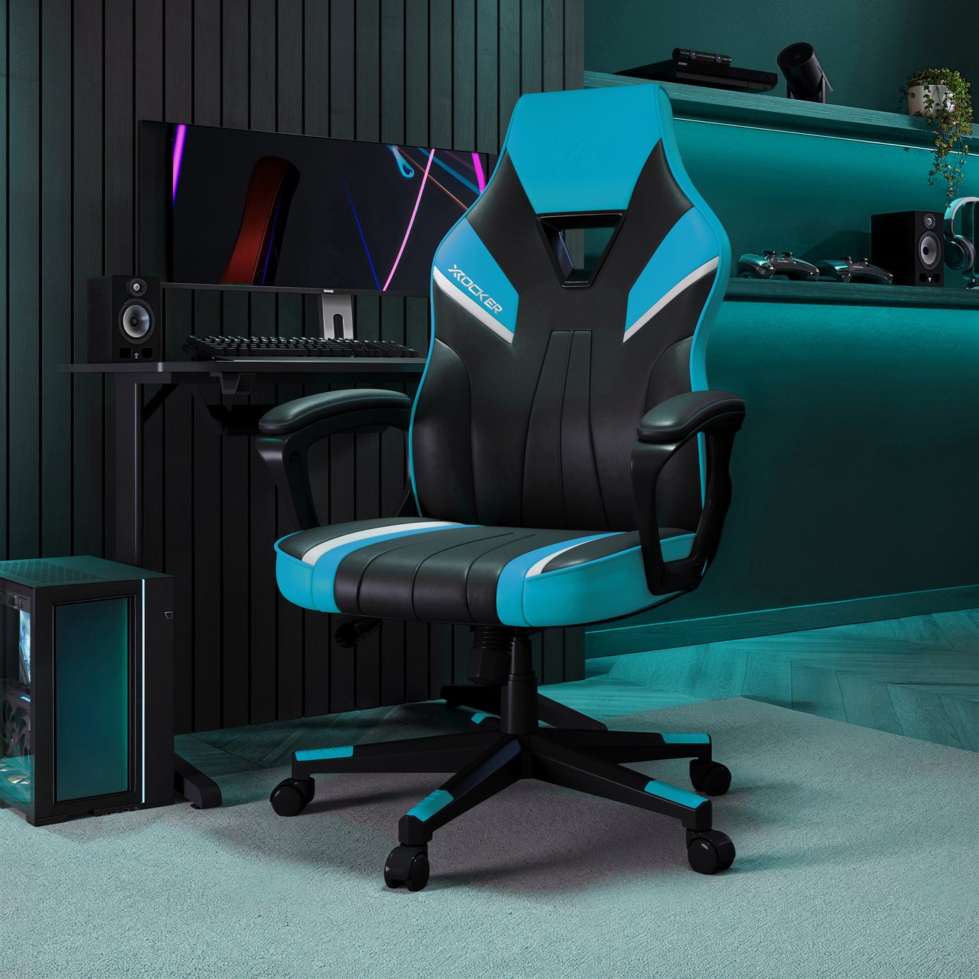 X Rocker Tempest Faux Leather Office Gaming Chair - Black And Neon Blue