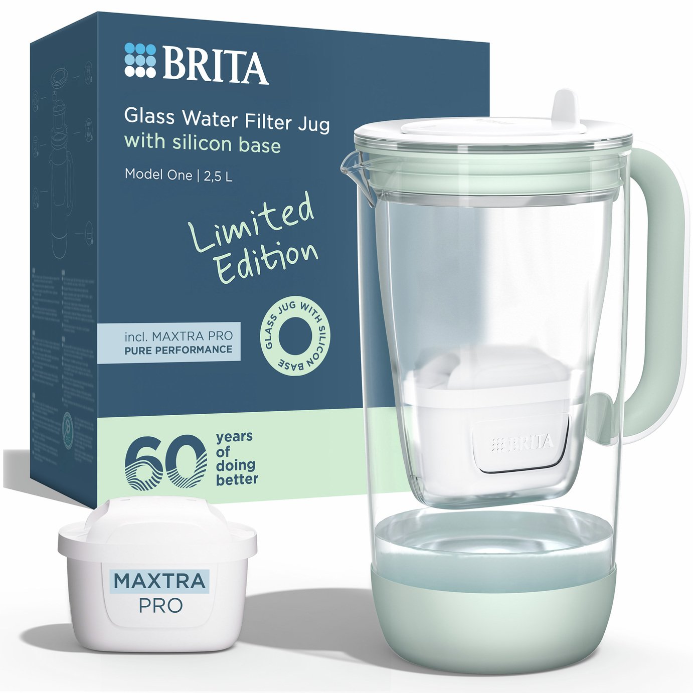 BRITA Glass Green Limited Edition Water Filter Jug with Cartridge - 2.5L