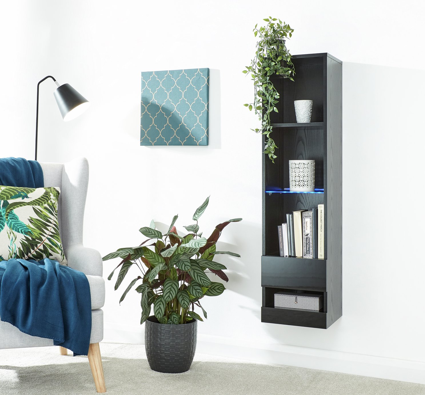 GFW Galicia Wall Mounted Narrow LED Bookcase