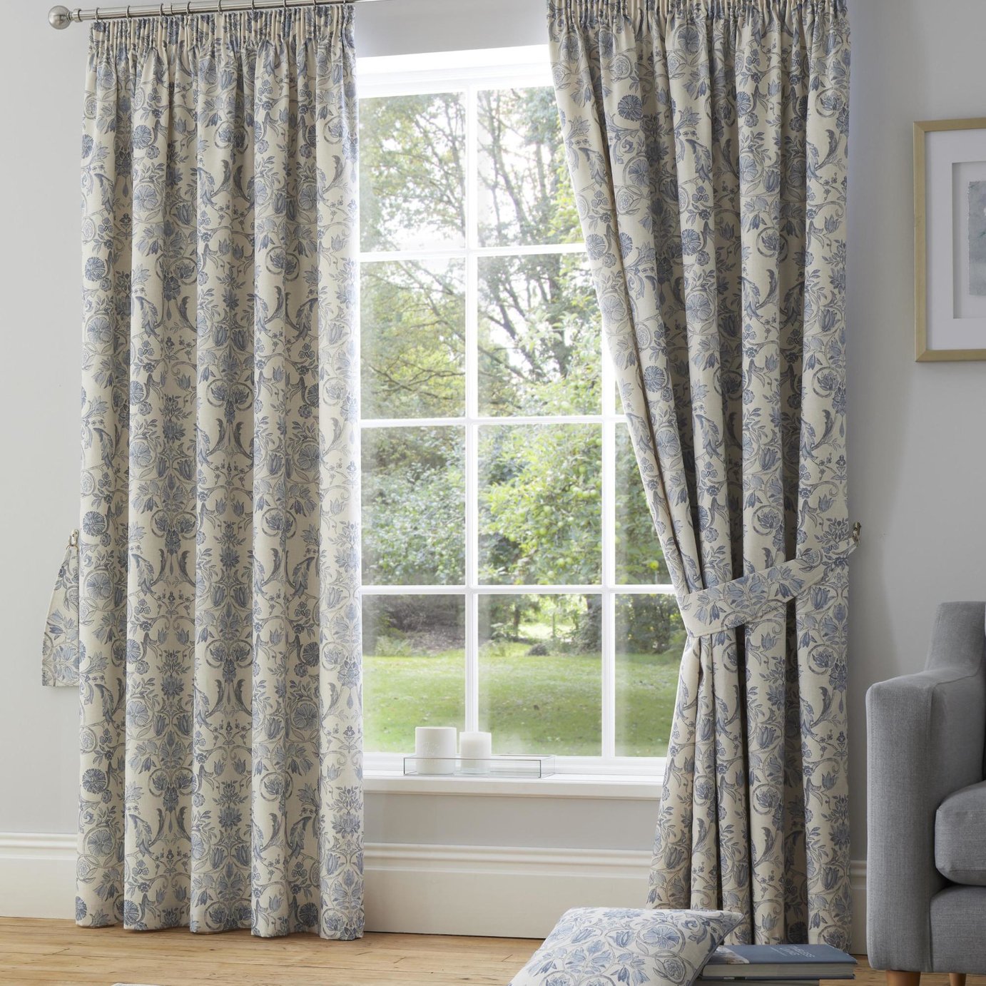 D&D Averie Floral Pencil Pleat Curtains - Blue