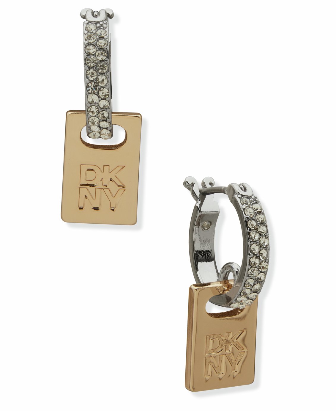 DKNY Gold & Silver Tone Pave Logo Tag Hoop Earrings