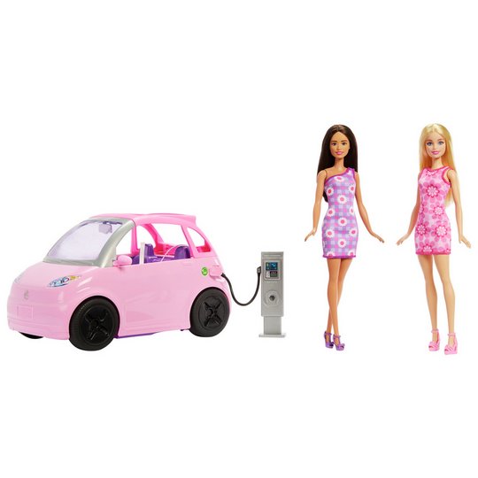 Barbie Dream Land 2 Dolls, Toy Car Electric Vehicle with Charging Station
