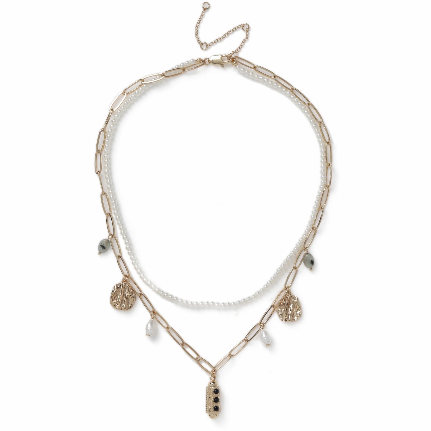 Freedom Gold Tone Charm Chain and Pearl Multi Layer Necklace