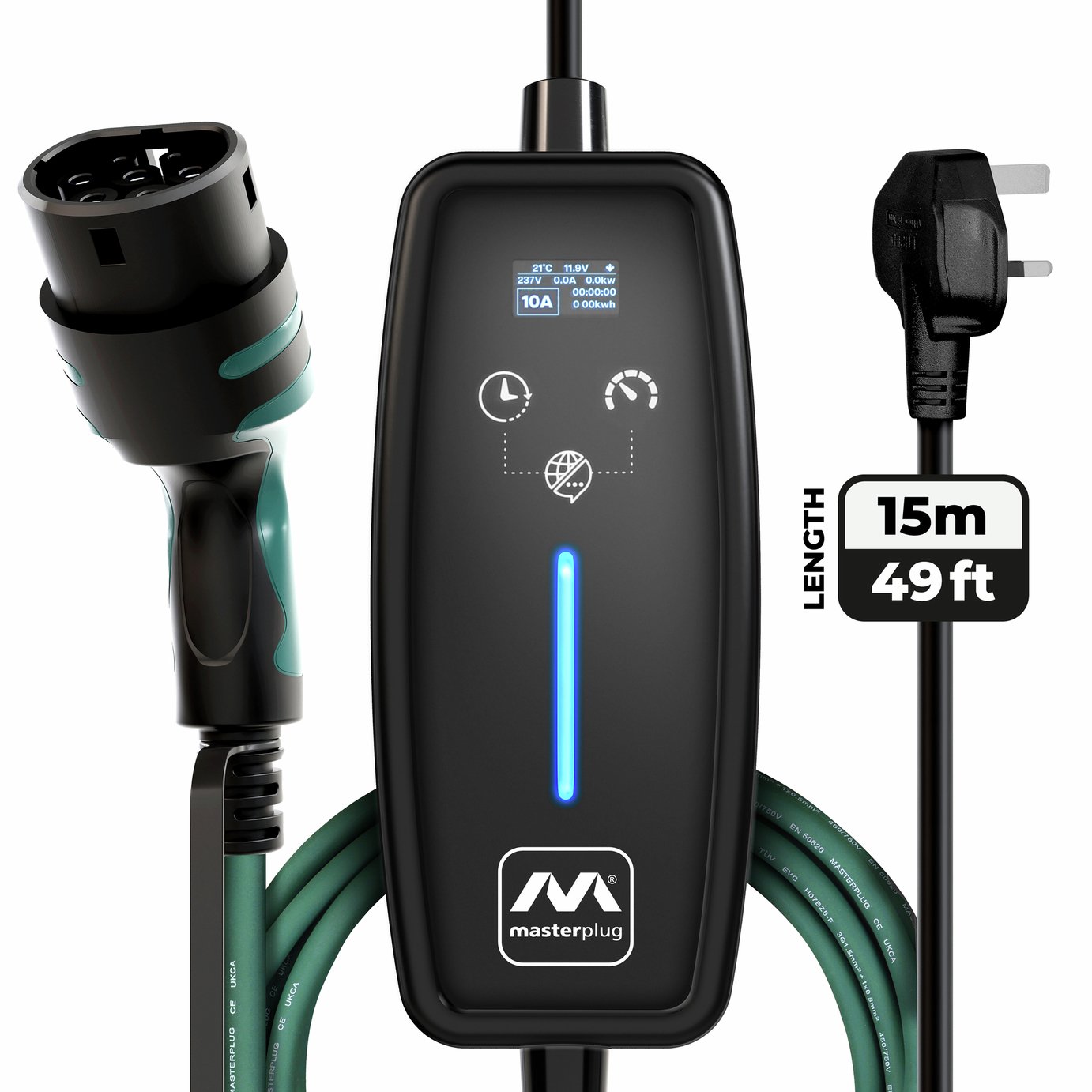 Masterplug 10A Mode 2 15m EV Charging Cable - Type 2 to 3 Pin Plug