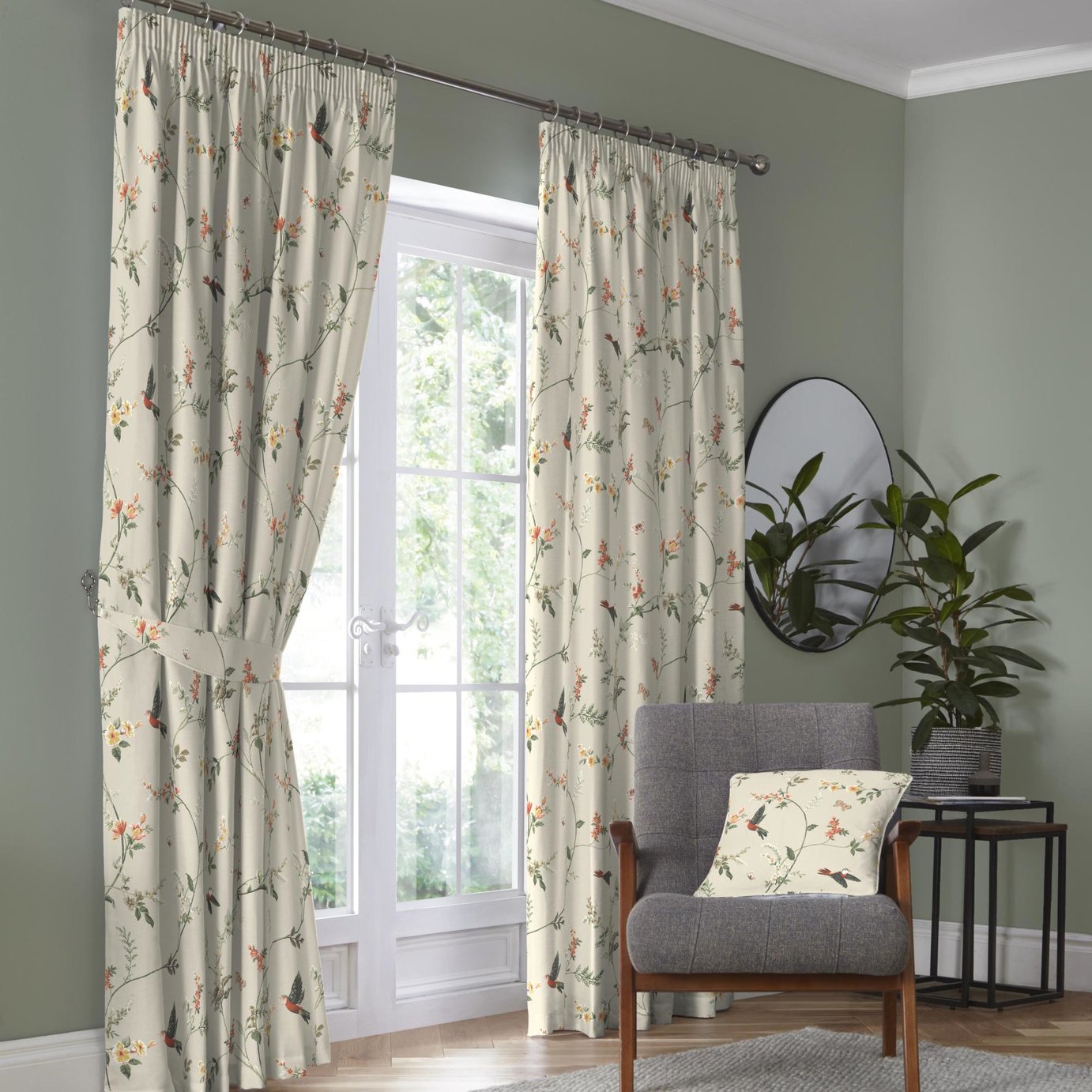 D&D Darnley Floral Pencil Pleat Curtains - Natural