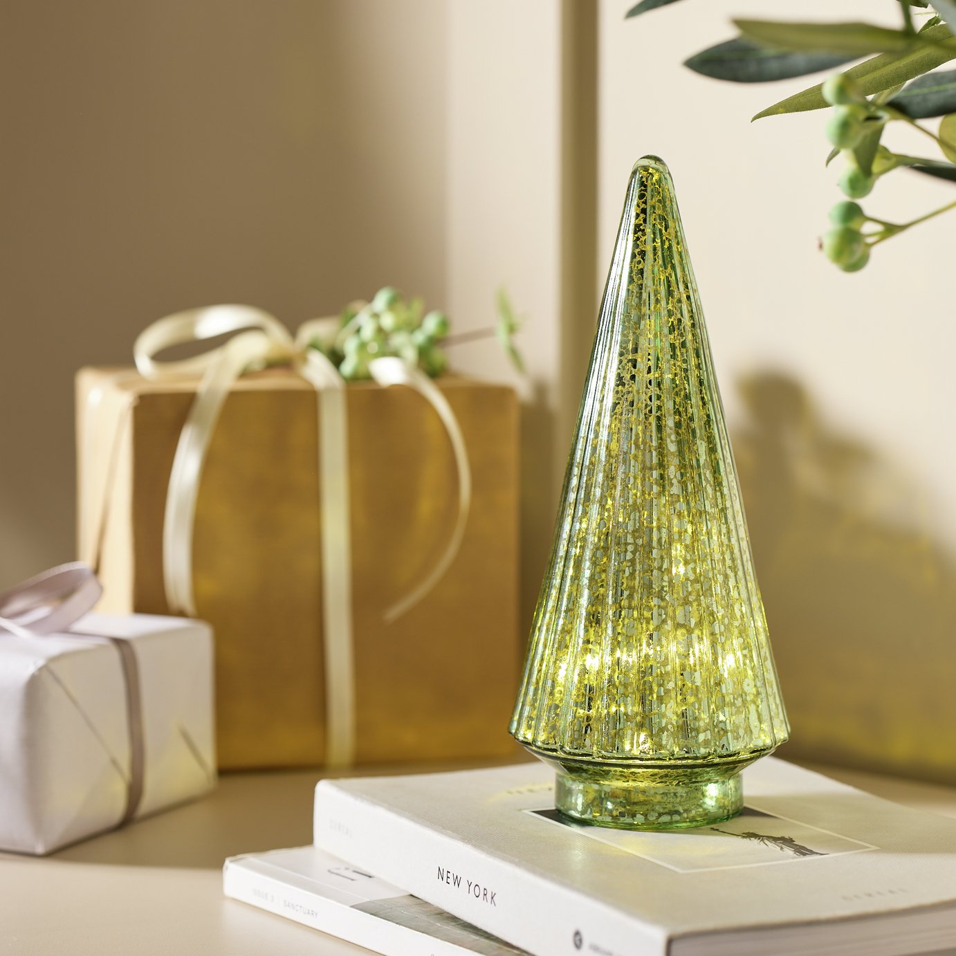 Argos Home Ribbed Glass Light Up Tree Christmas Decoration