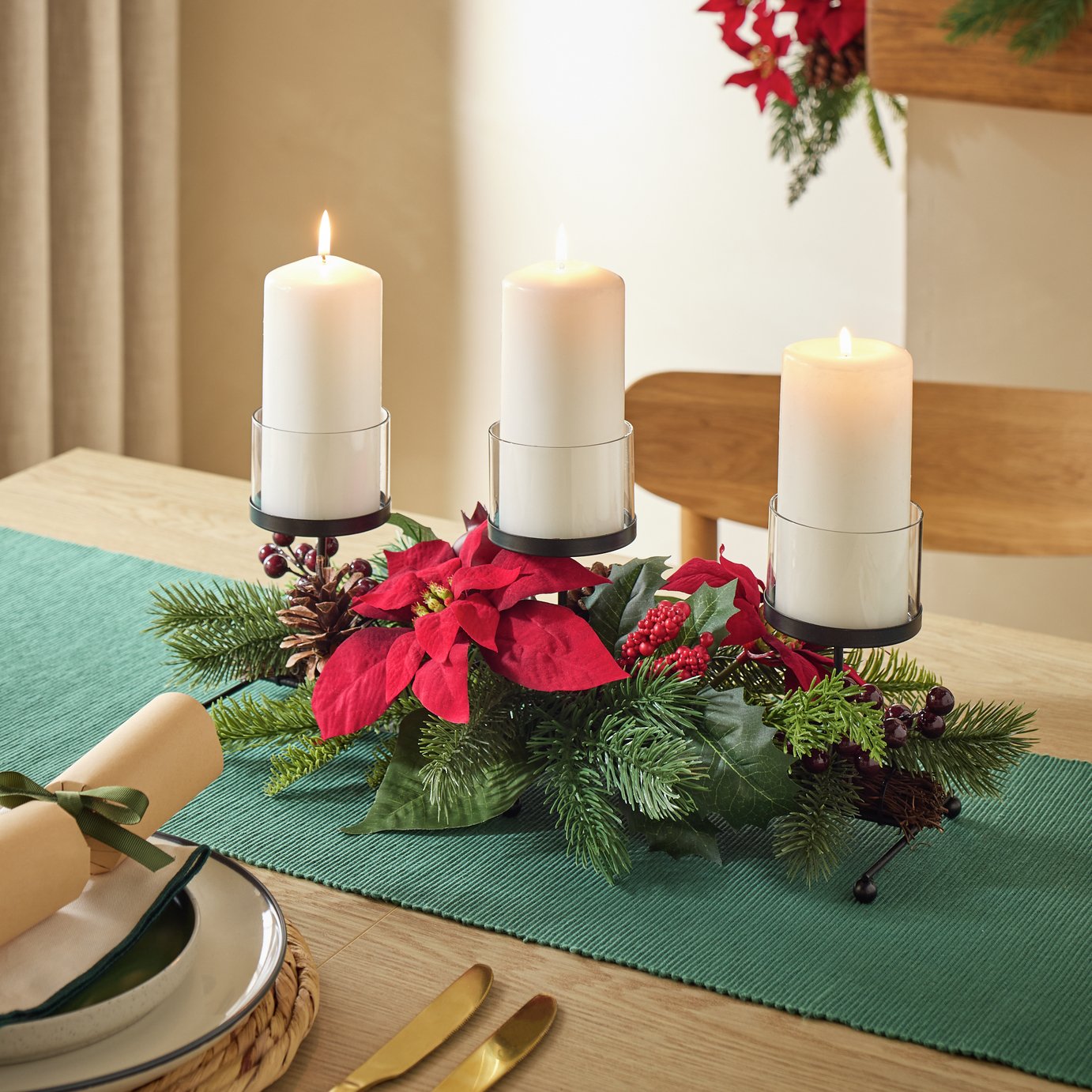 Argos Home Poinsettia, Berry & Foliage Centrepiece Decoration with Candle Holder