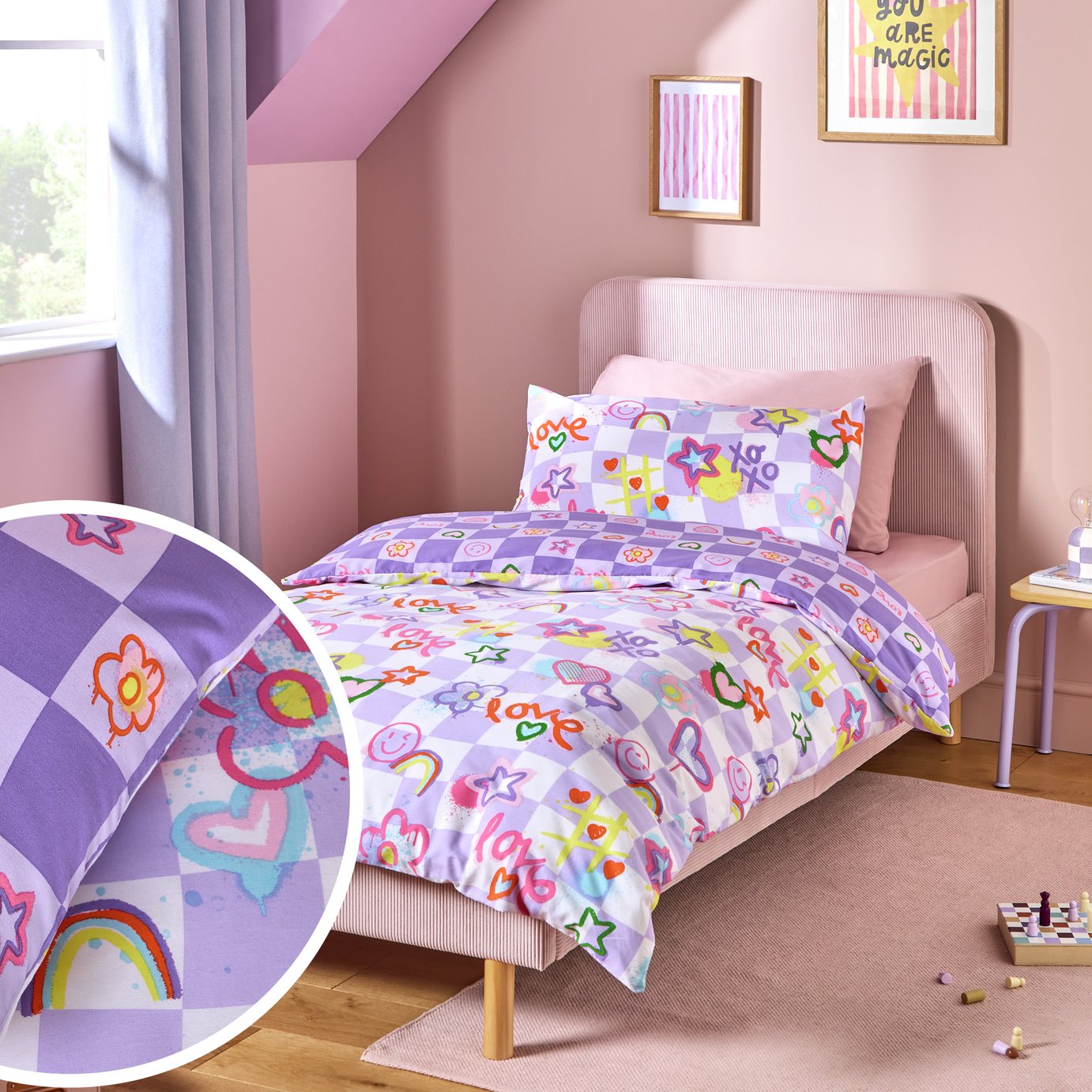Argos Home Kids Girls Checkerboard Graffiti Purple Bedding Set - Single