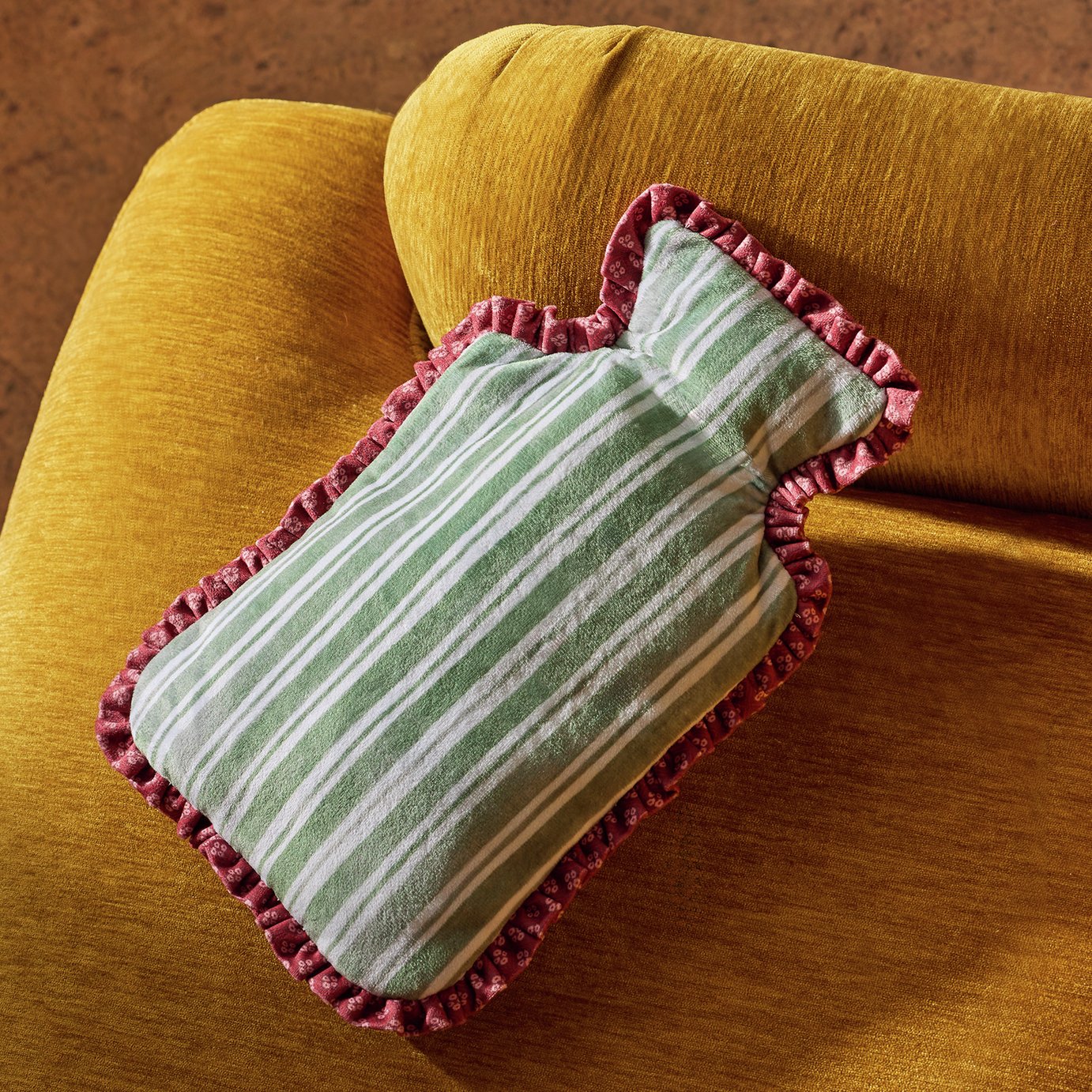 Argos Home Green Striped with Red Frill Velour Fabric Cover Hot Water Bottle