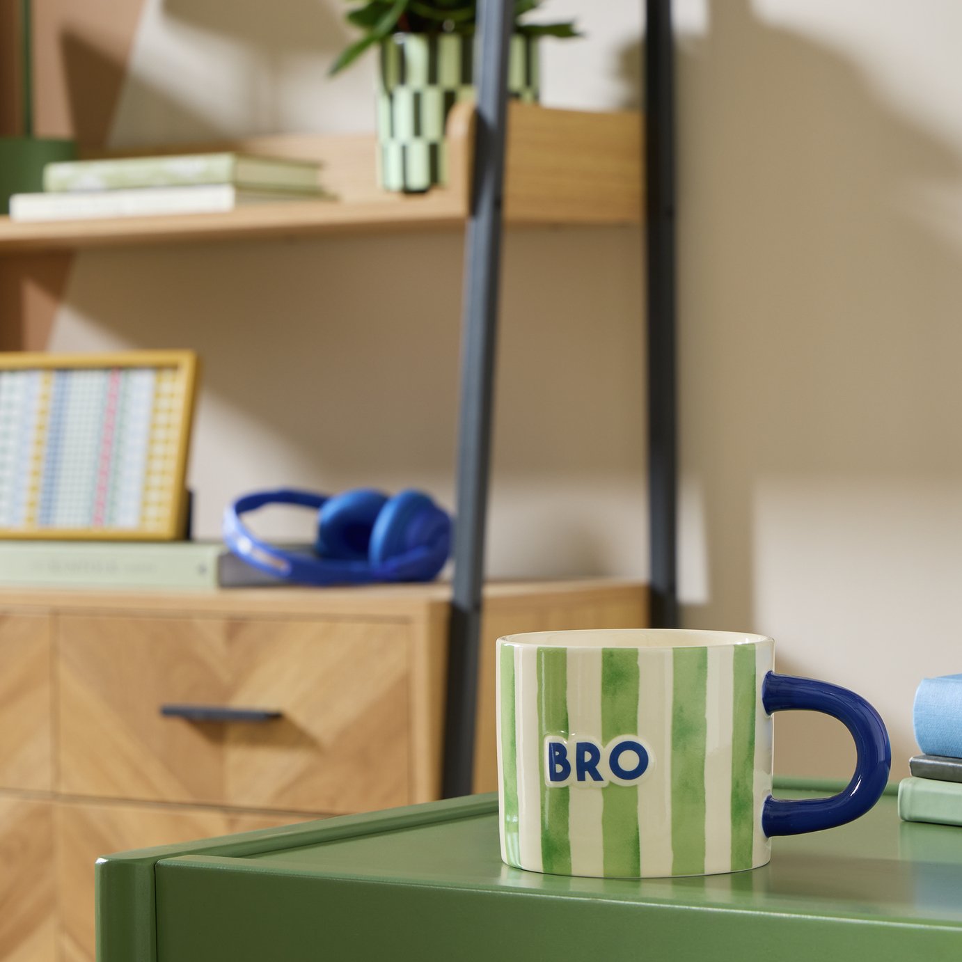 Argos Home Beige Green Stripes Stoneware Bro Decal Mug