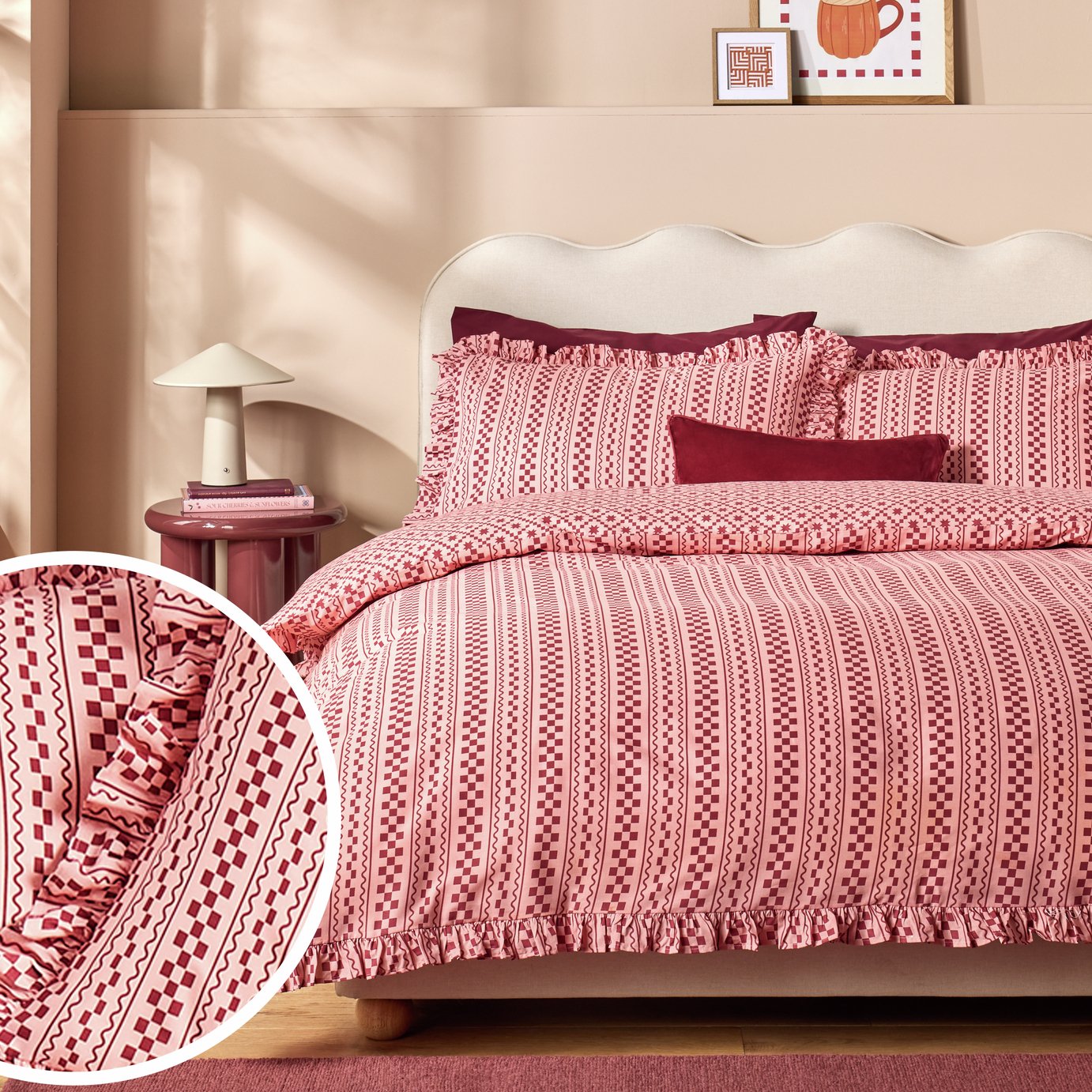 Argos Home Checkerboard Print Pink Bedding Set - Superking