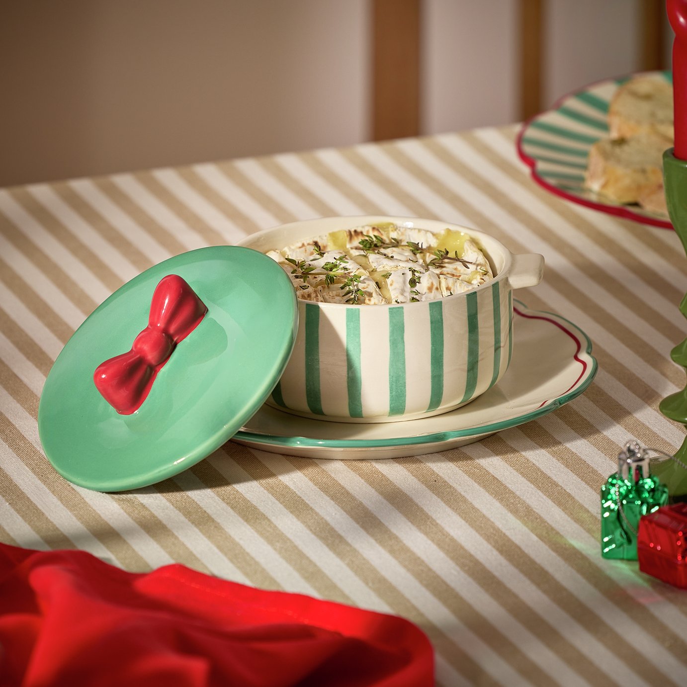 Argos Home Green Striped Bow Camembert Baker