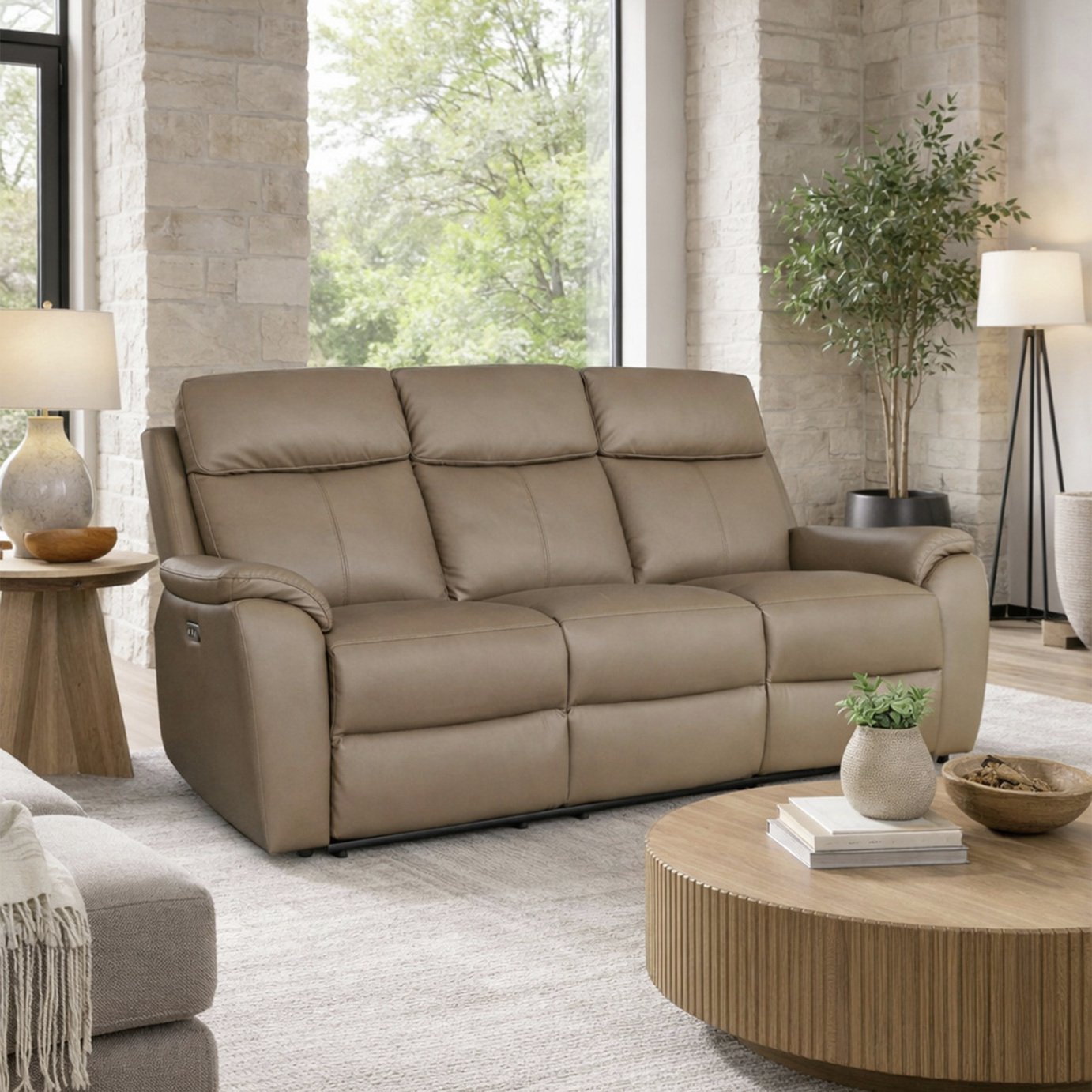 Aspire Kingsmere Leather 3 Seater Power Recliner Sofa - Mushroom