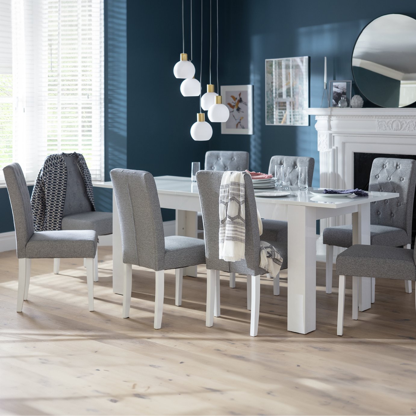 Argos Home Miami Extend White Dining Table & 8 Grey Chairs