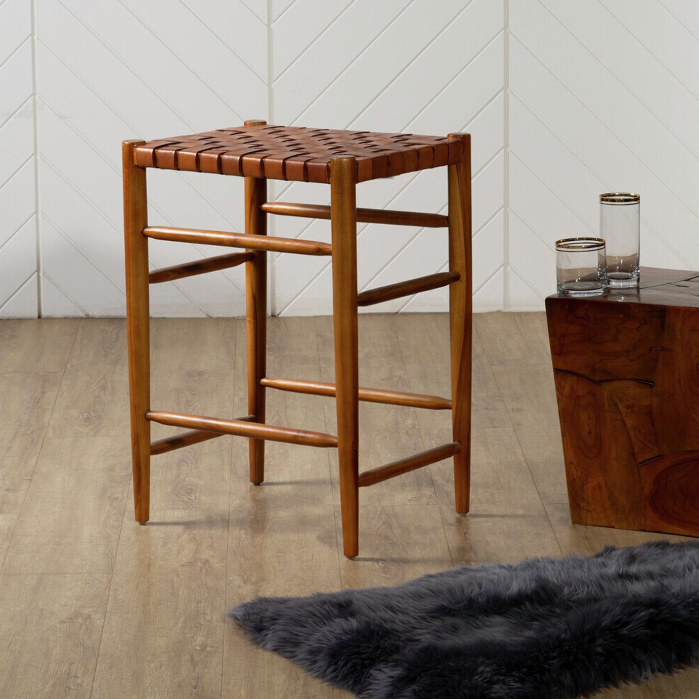 Fifty Five South Kendari Woven Leather Bar Stool - Brown