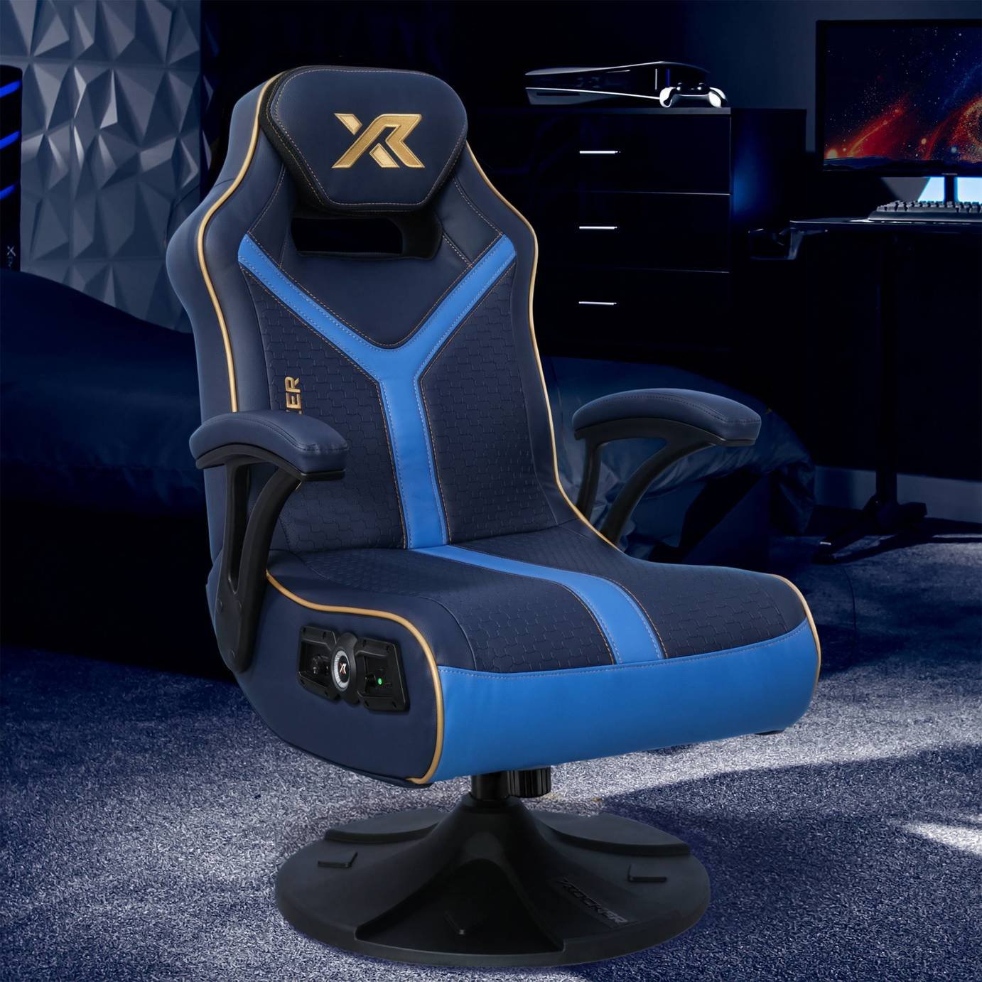 X Rocker Adrenaline 2.1 Bluetooth Console Gaming Chair - Navy/Gold