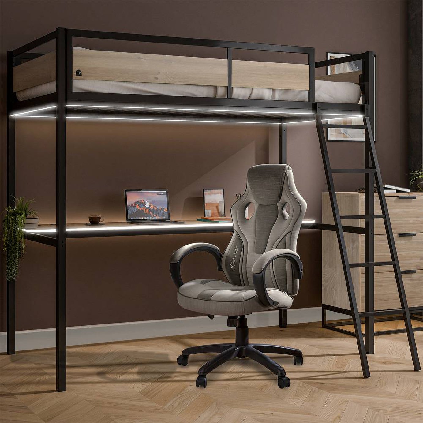 XR Living Denver Single High Sleeper Bunk Bed Frame With App Controlled LED -Oak