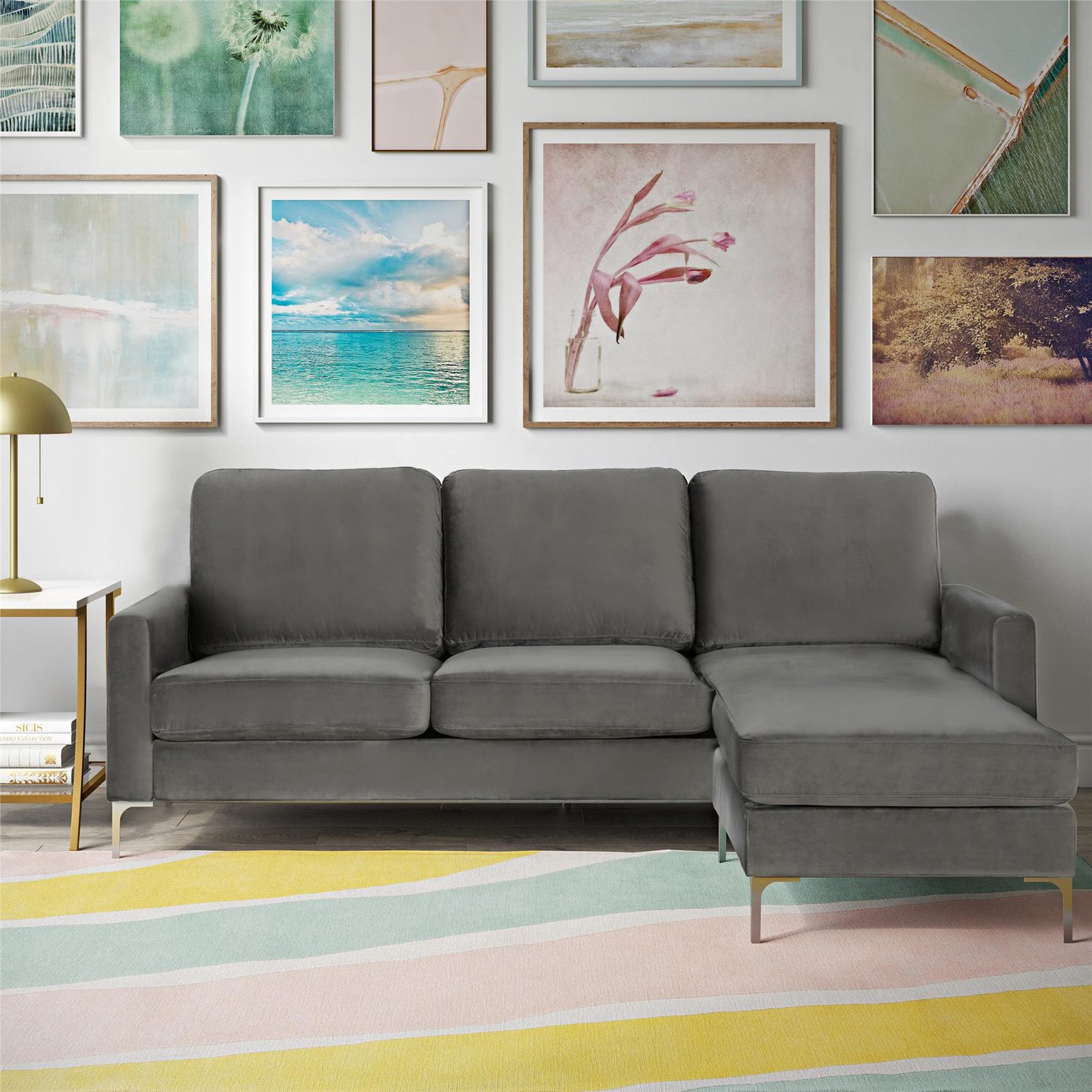 Novogratz Chapman Velvet Right Hand Corner Chaise Sofa- Grey