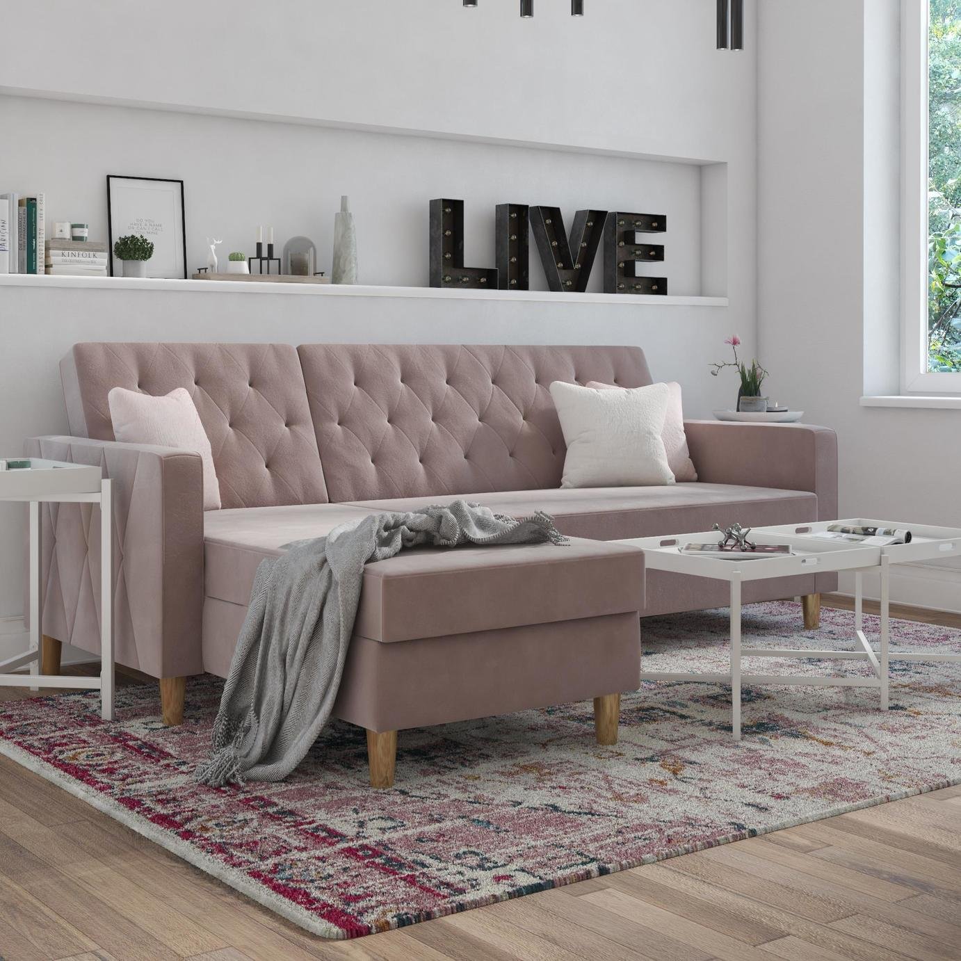 Dorel Liberty Velvet Futon Sofa Bed - Pink