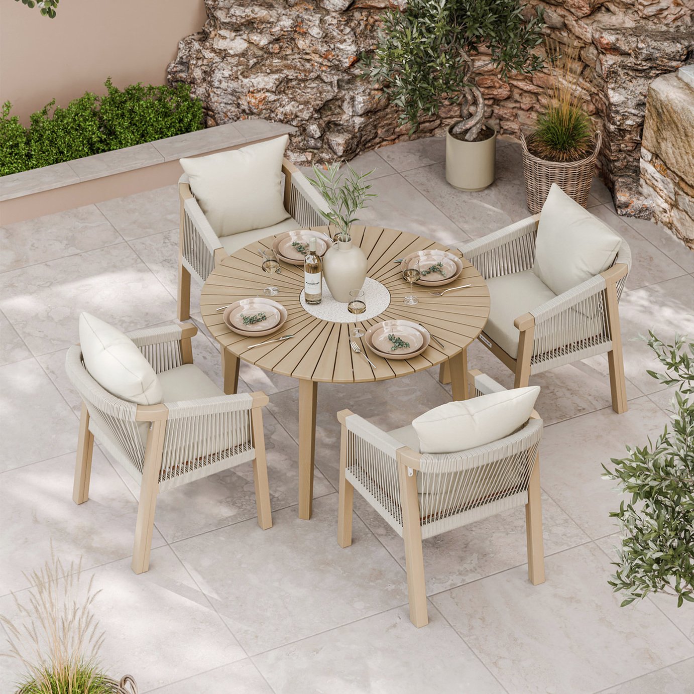 Royalcraft 4 Seater Round Wood Rope Dining Set - Natural Wood