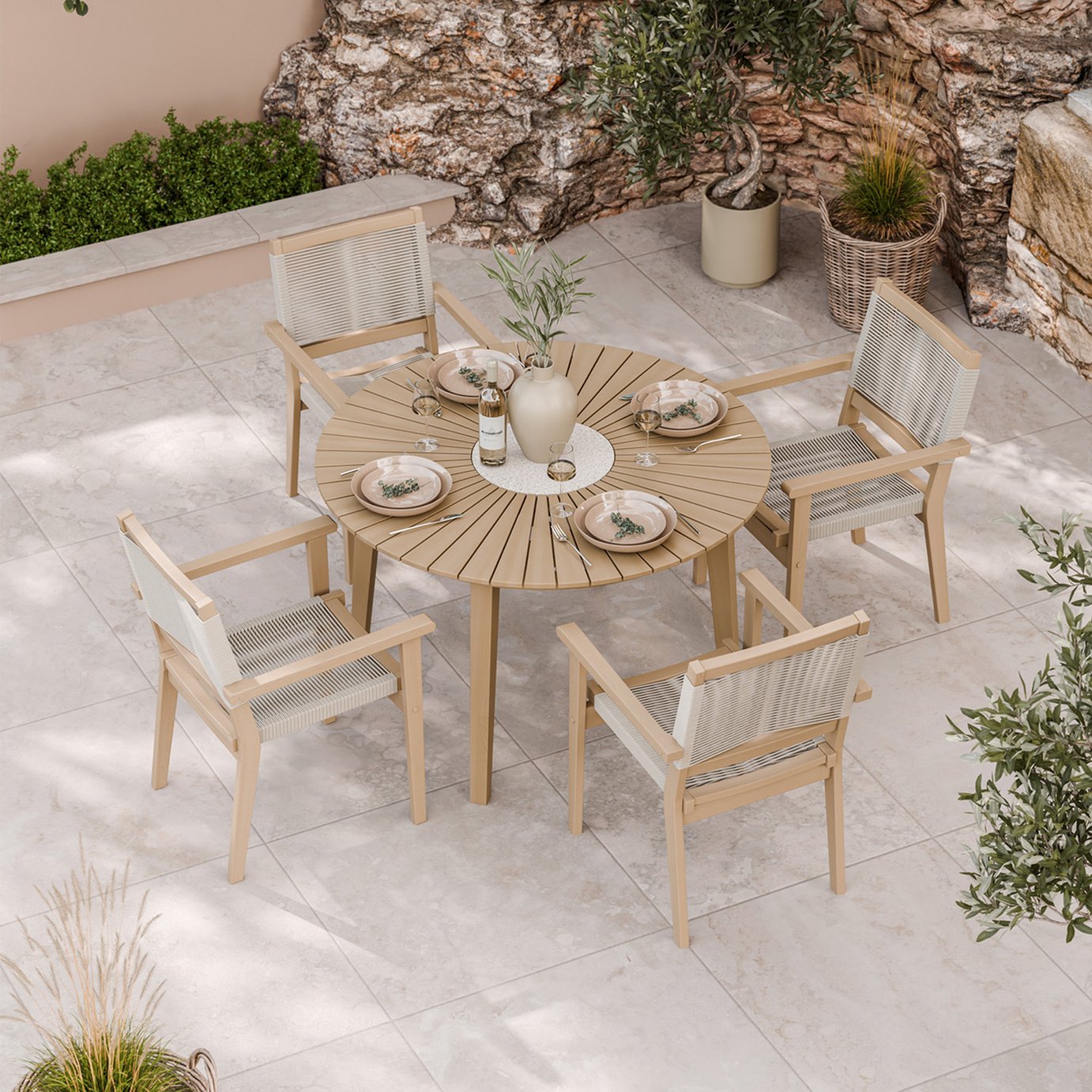 Royalcraft 4 Seater Round Wood Rope Stacking Dining Set - Natural Wood