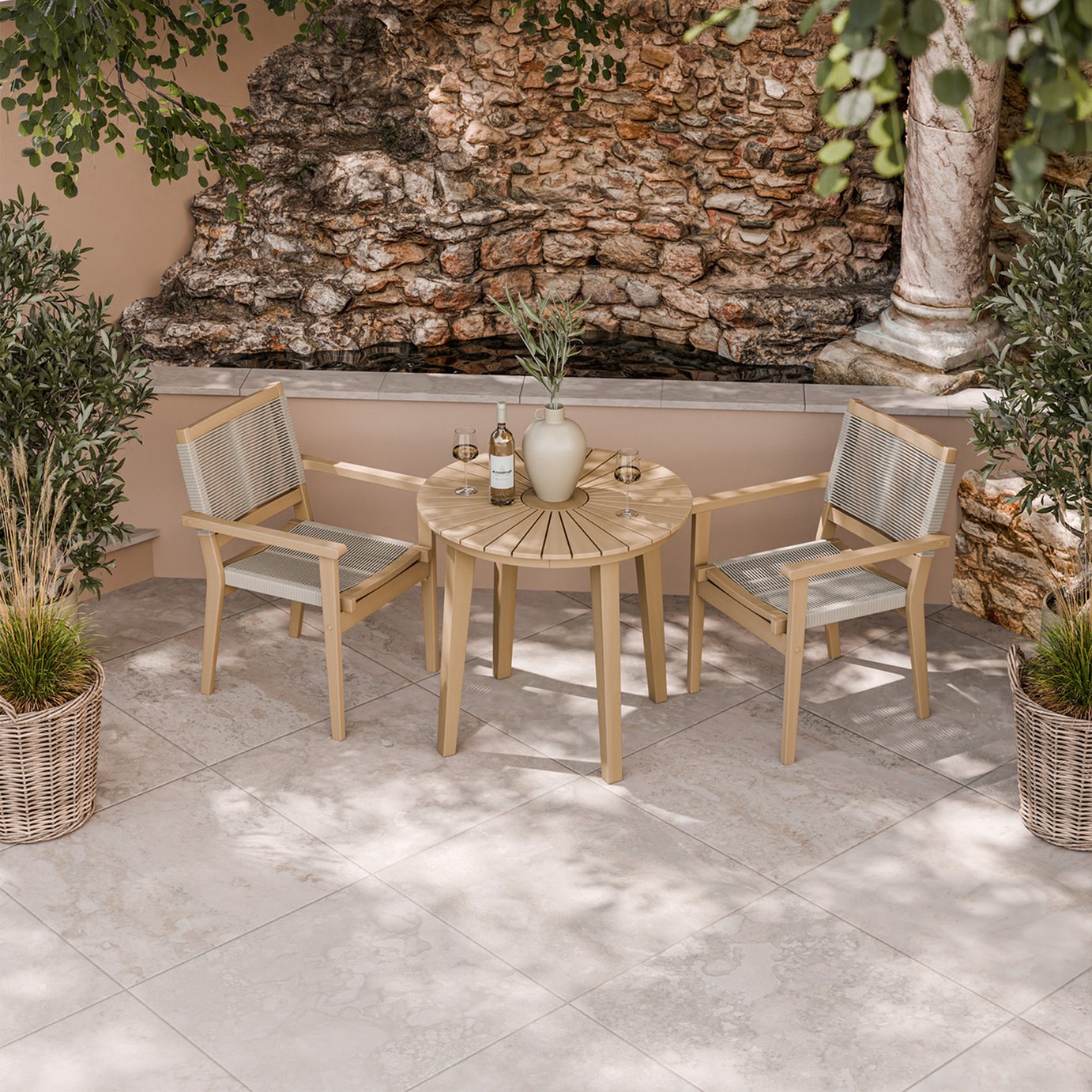 Royalcraft 2 Seater Round Wood Stacking Roma Bistro Set - Natural Wood