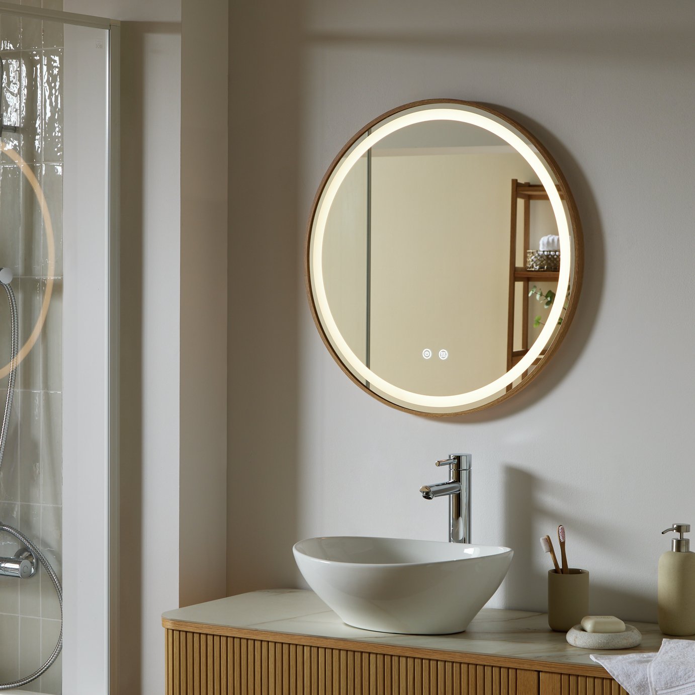 Argos Home Oakley Light Wood Round LED Bathroom Mirror - 60cm