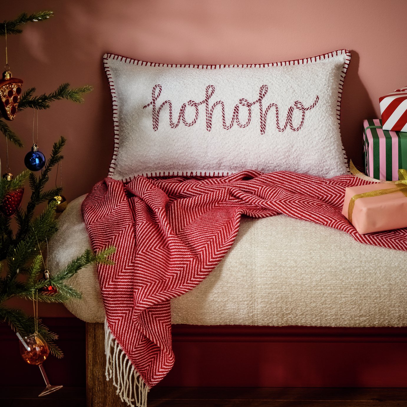 Argos Home Ho Ho Ho Candy Cane Stripe Slogan Cushion White - 50x30cm