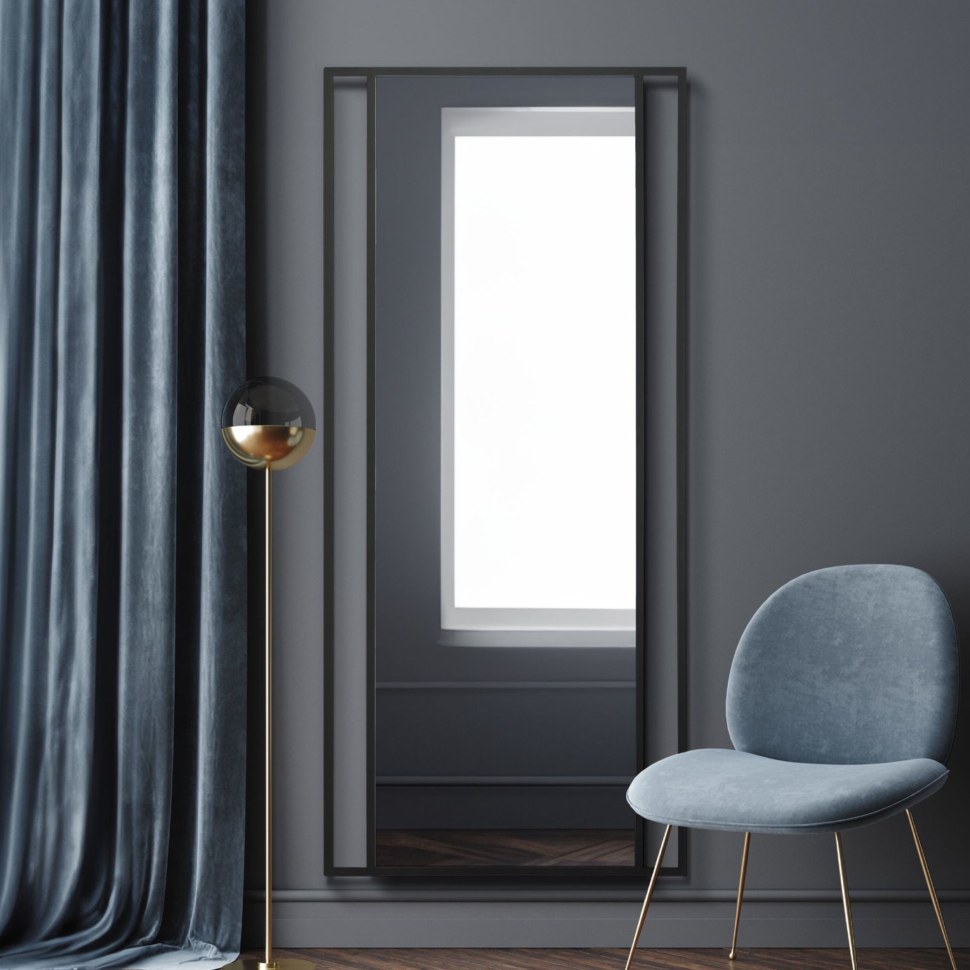 MirrorOutlet Fenestra Black Metal Wall Mirror - 180x80cm