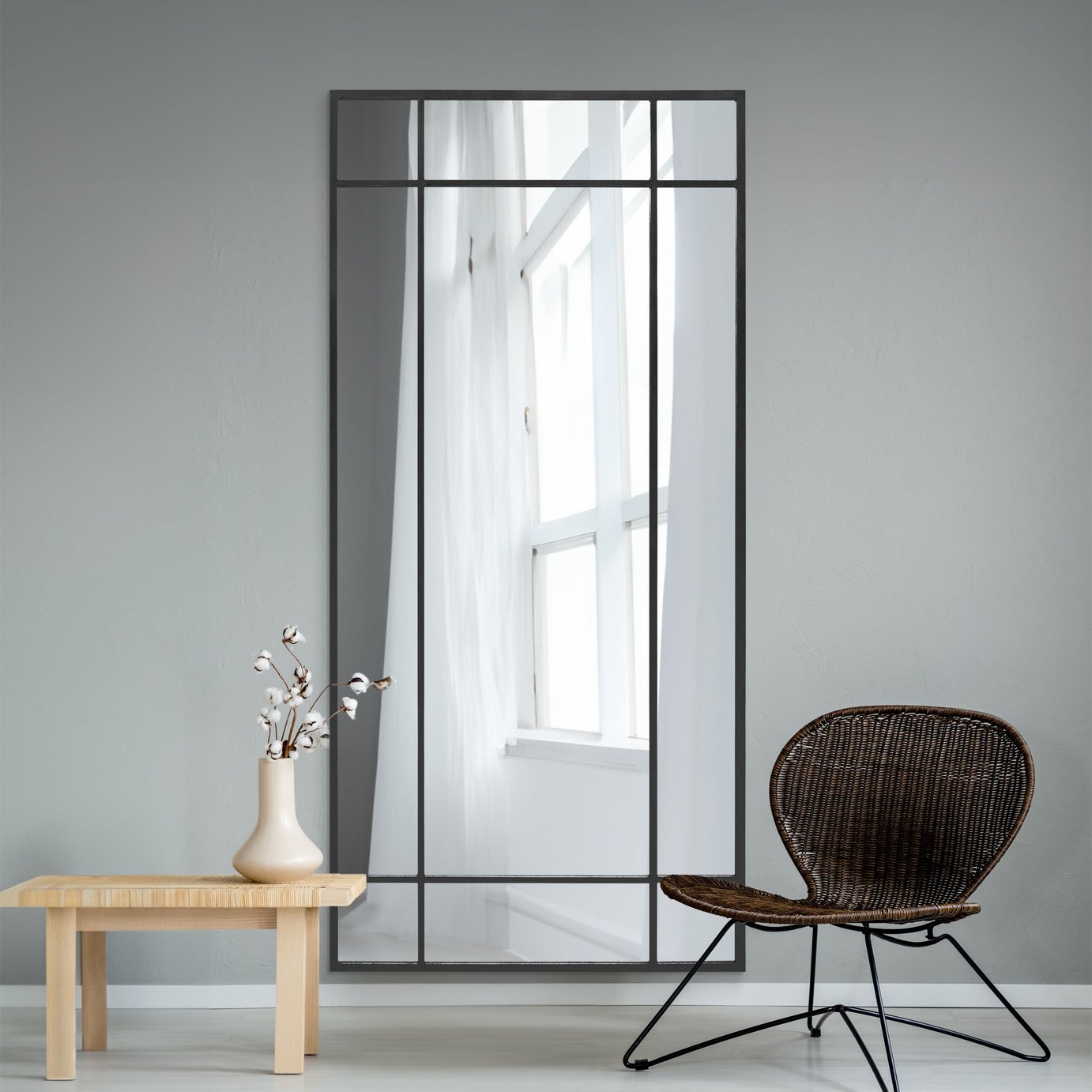 MirrorOutlet Fenestra Black Metal Wall Mirror - 180x85cm