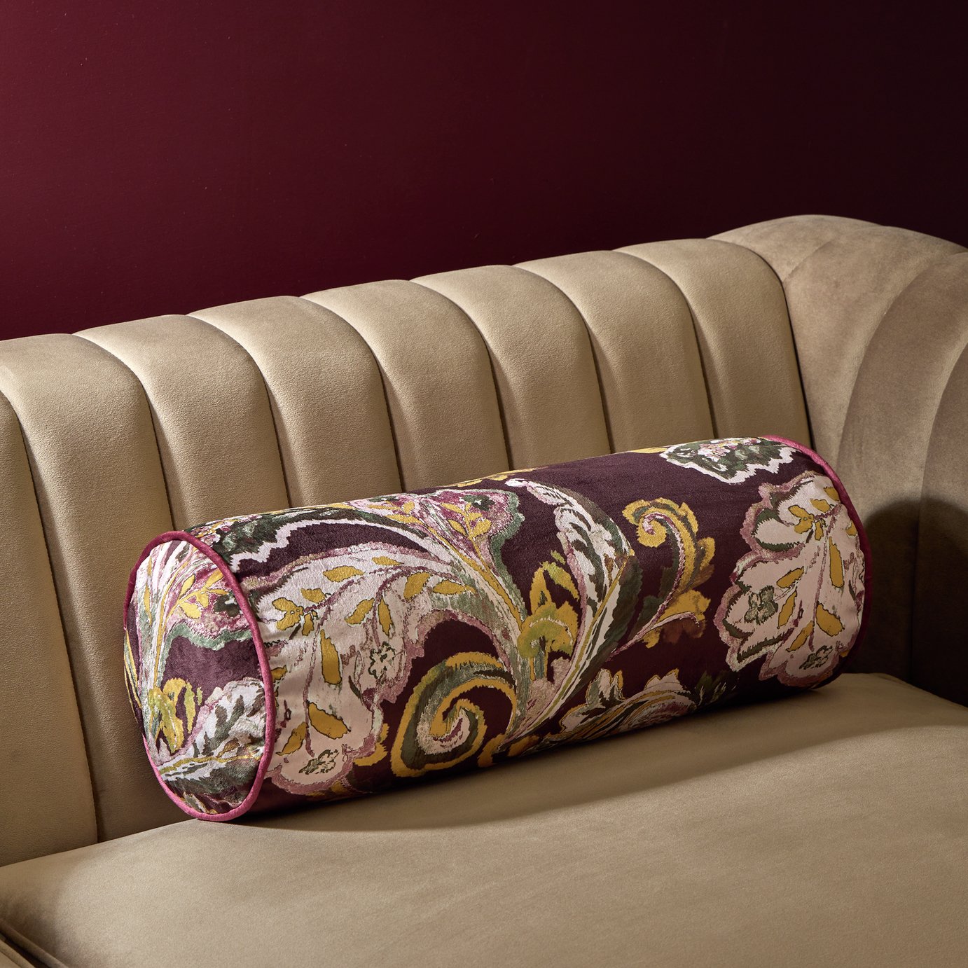 Habitat Chenille Paisley Floral Print Velvet Bolster Cushion Purple - 50x20cm