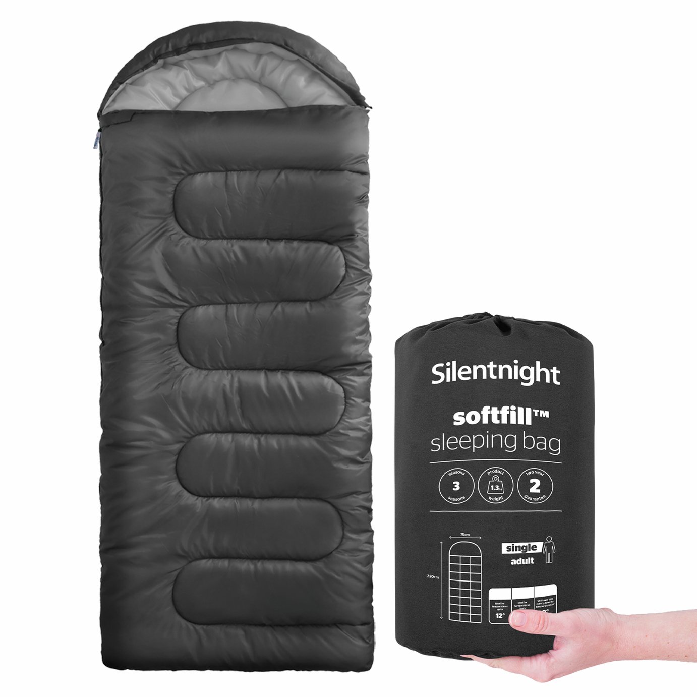 Silentnight 280 GSM Mummy Softfill  Adult Sleeping Bag - Black/Grey