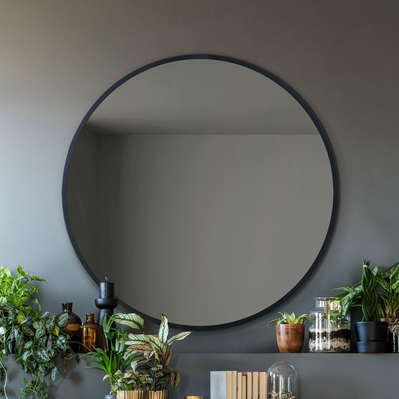 MirrorOutlet Fenestra Black Metal Round Wall Mirror - 100cm