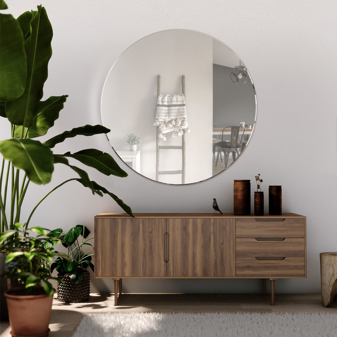 MirrorOutlet Black Frameless Wood Round Wall Mirror - 100cm