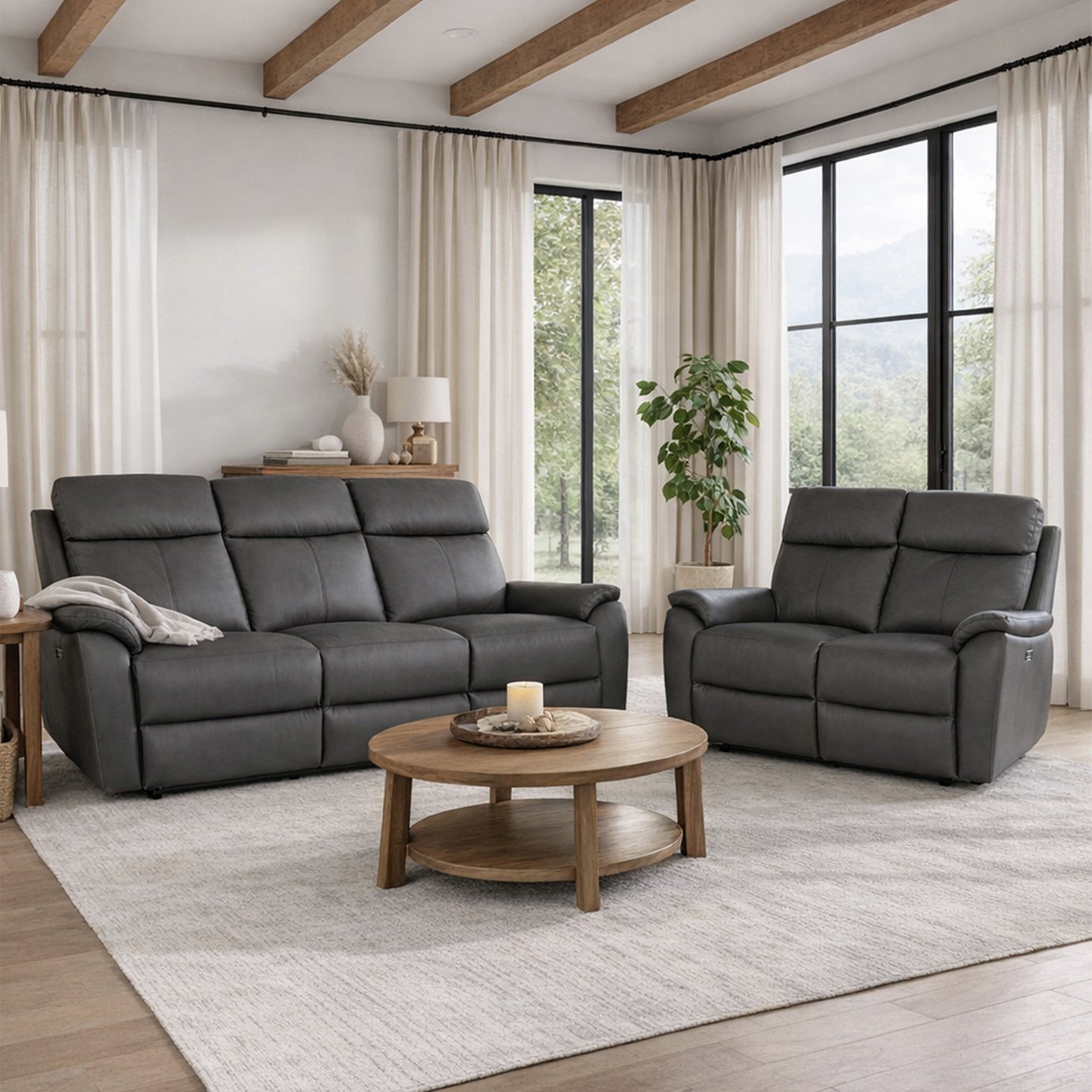 Aspire Kingsmere Leather 3 & 2 Seater Power Recliner Sofa - Charcoal