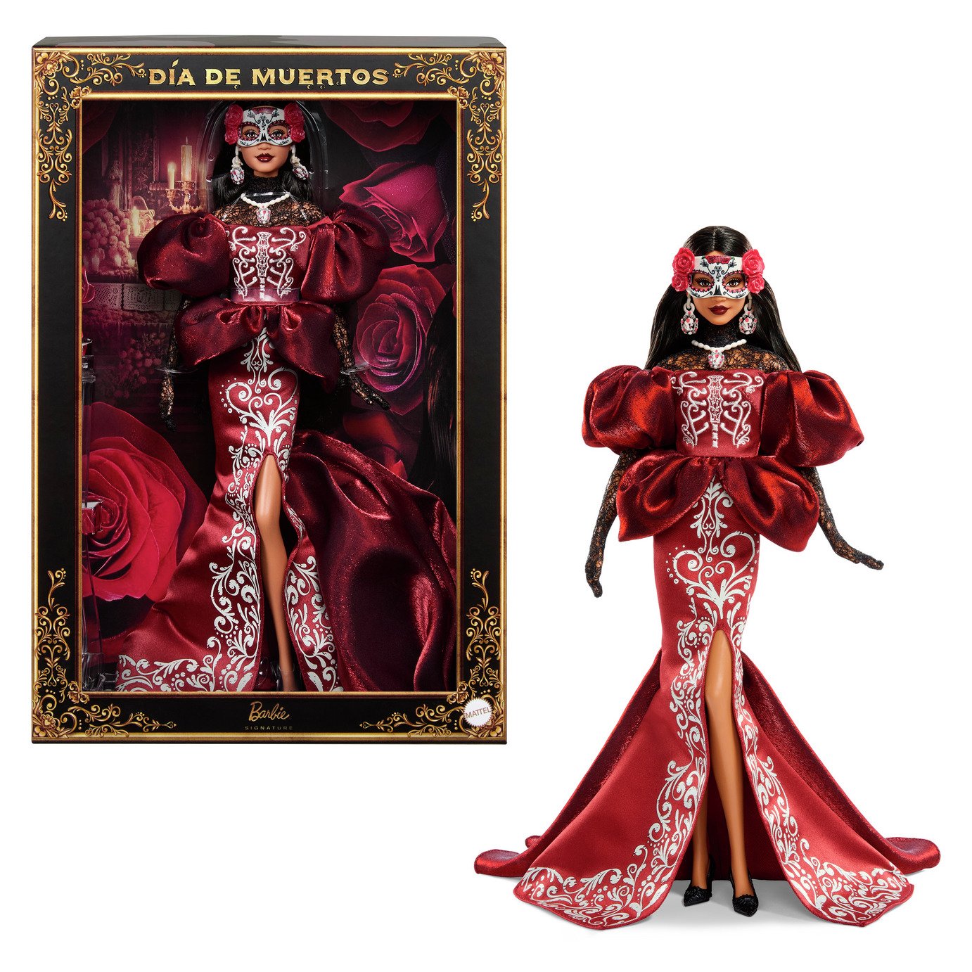 Barbie Día De Muertos Doll in Satin Mermaid Dress and Removable Calavera Mask