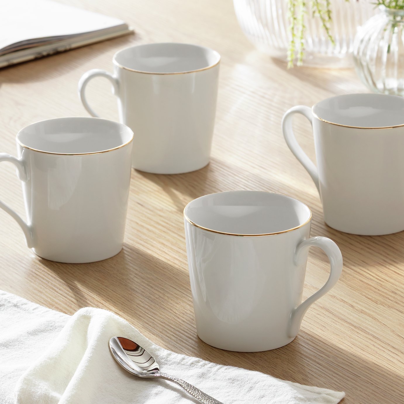 Argos Home Set of 4 Gold Rim Stoneware Mugs - White