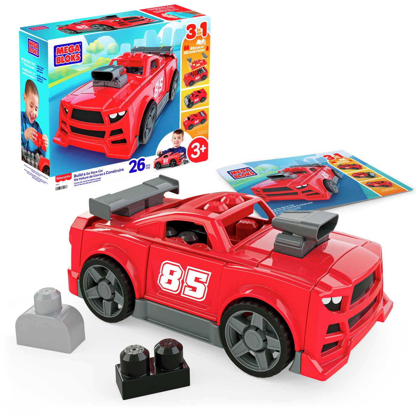 MEGA BLOKS Build & Go Race Car Block Toy with Rolling Wheels (26 Pcs)