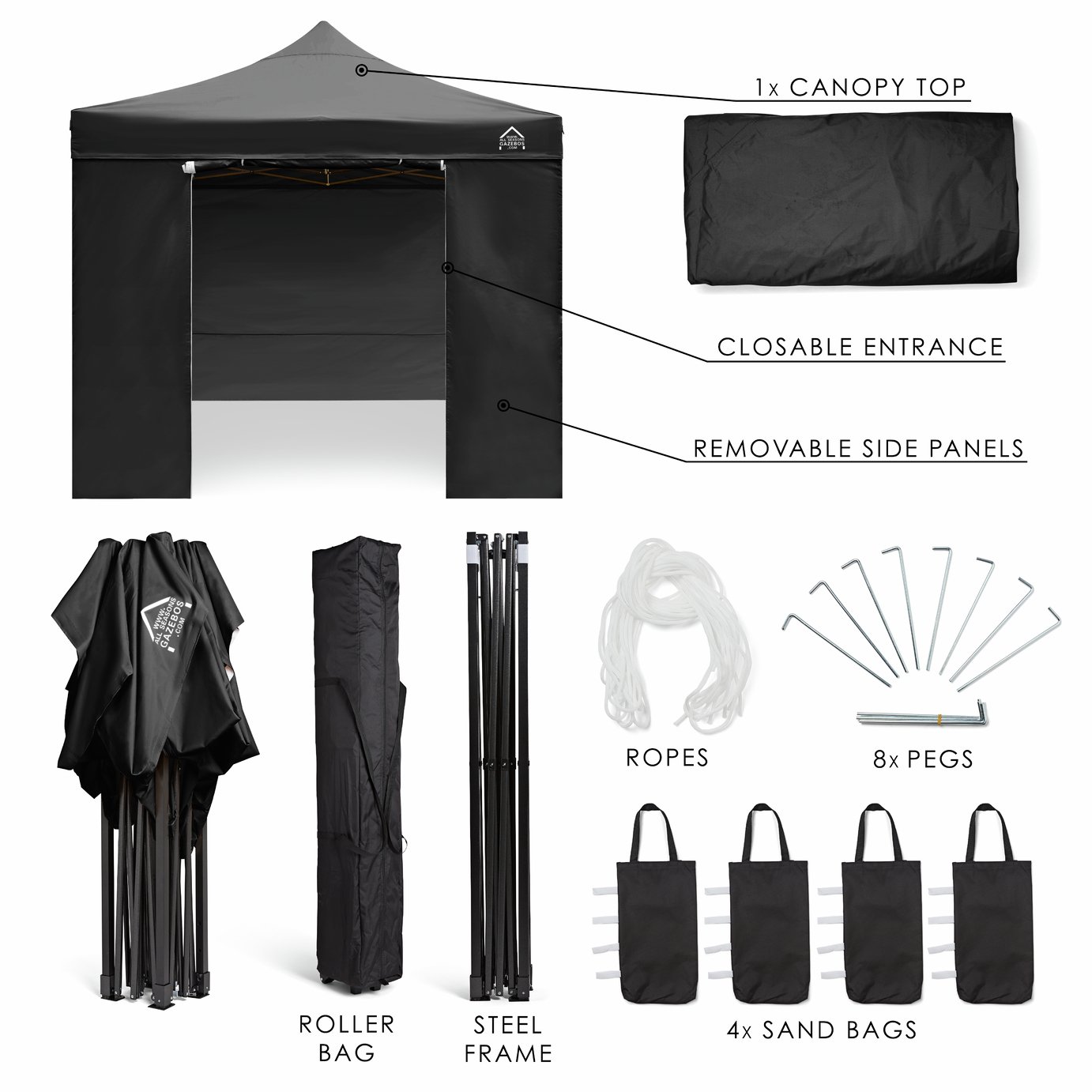 All Seasons Gazebos 3x3m Pop up Garden Gazebo with Side Panels - Black