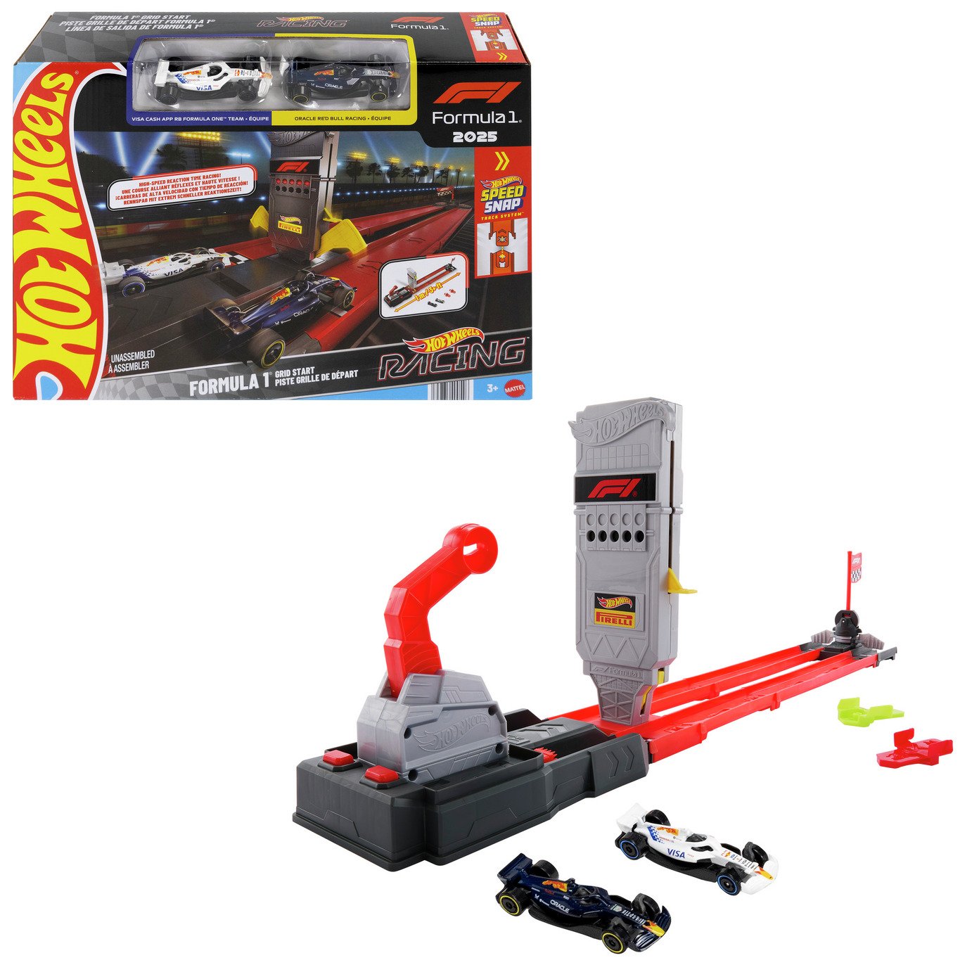 Hot Wheels Racing Formula 1 Grid Start Track Set & 2 Die-Cast F1 Cars 1:64 Scale
