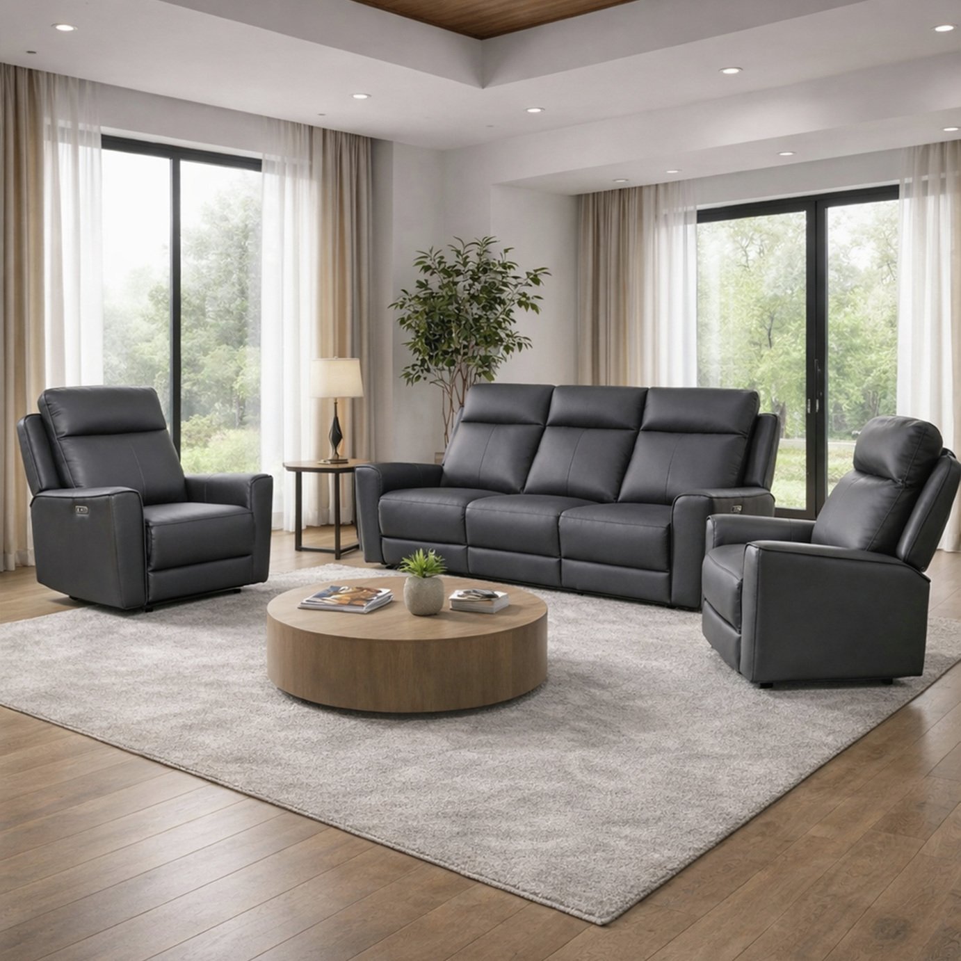 Aspire Elmhurst Leather 3, 1 & 1 Seater Power Recliner Sofa - Charcoal