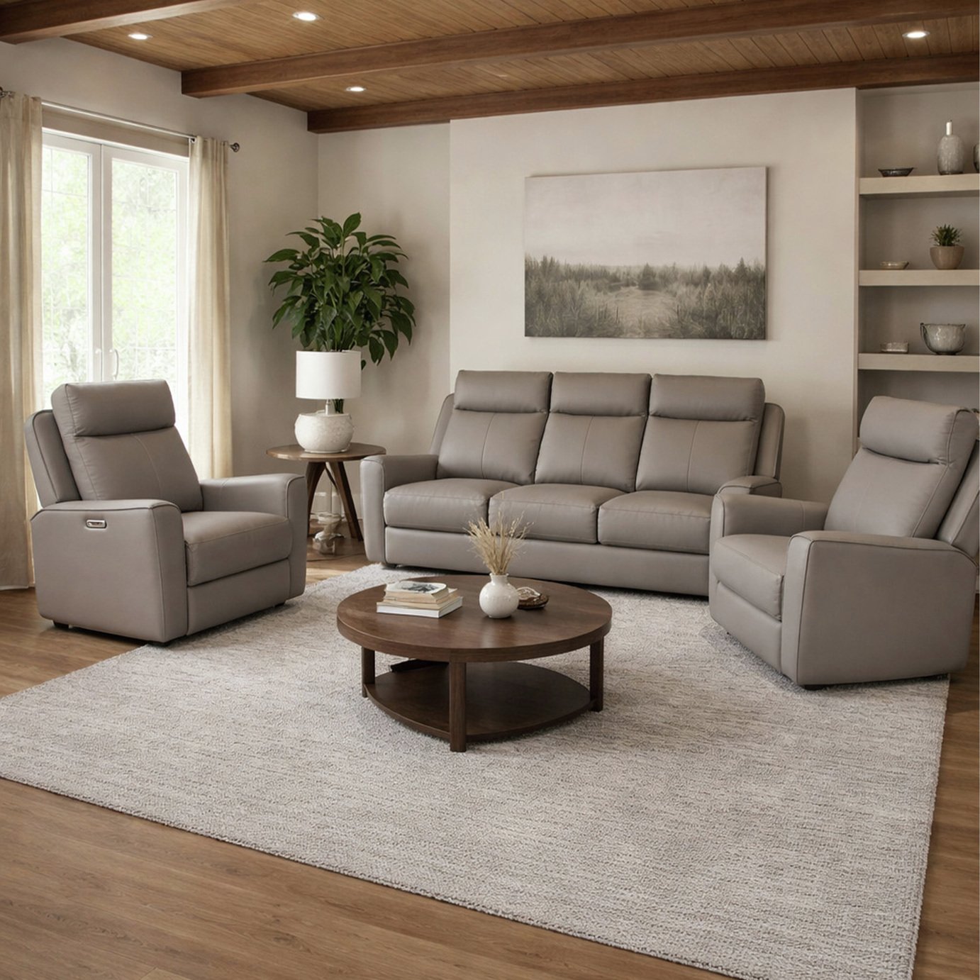 Aspire Elmhurst Leather 3, 1 & 1 Seater Power Recliner Sofa - Elephant