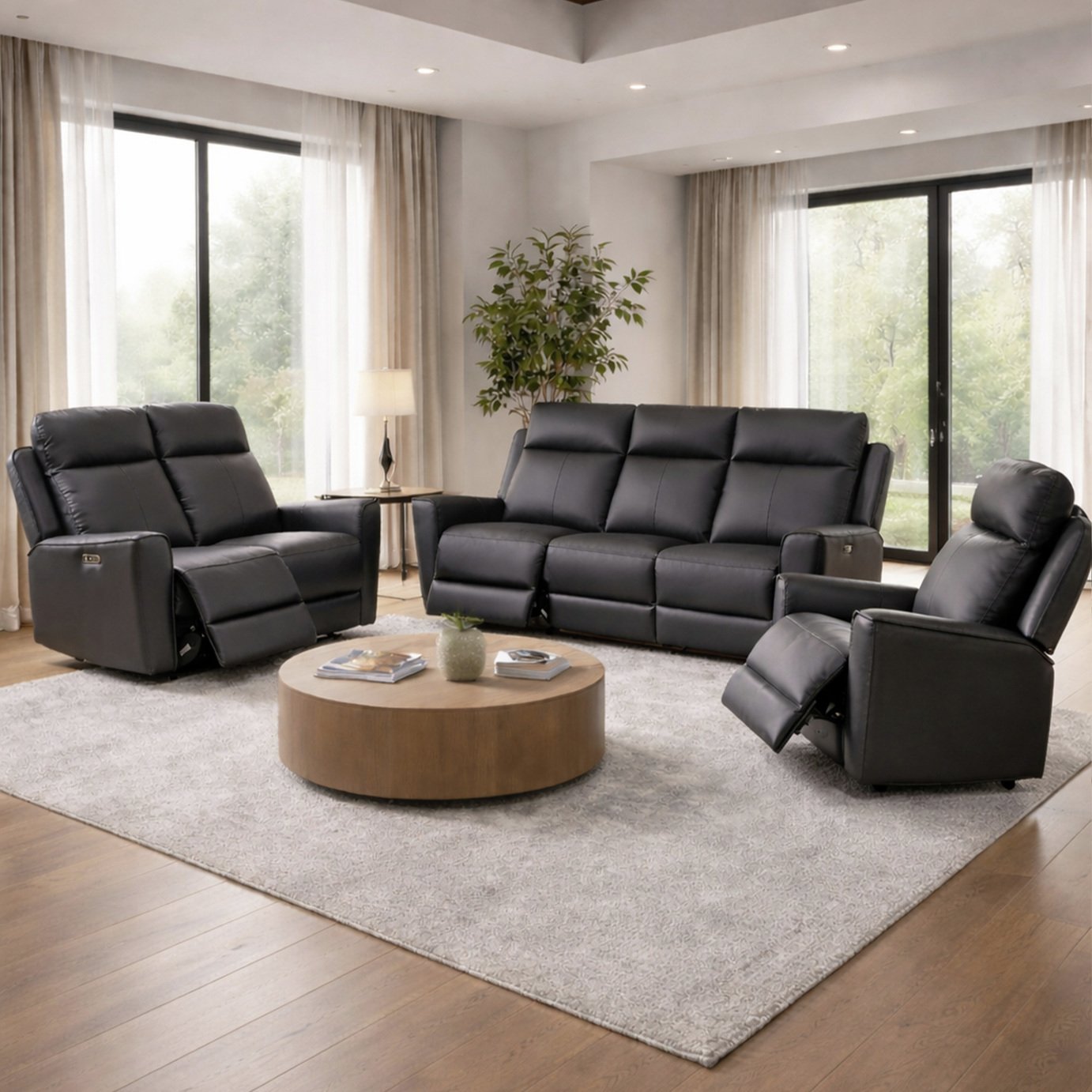 Aspire Elmhurst Leather 3, 2 & 1 Seater Power Recliner Sofa - Charcoal