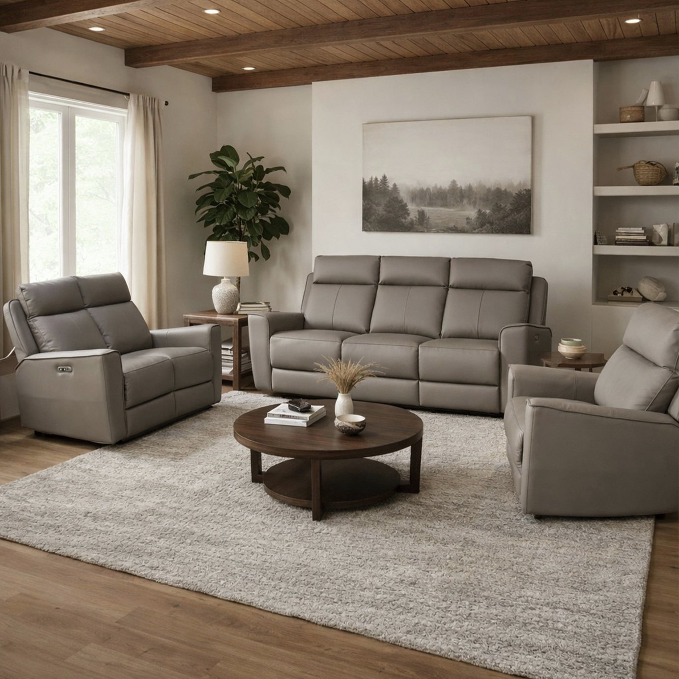 Aspire Elmhurst Leather 3, 2 & 1 Seater Power Recliner Sofa - Elephant