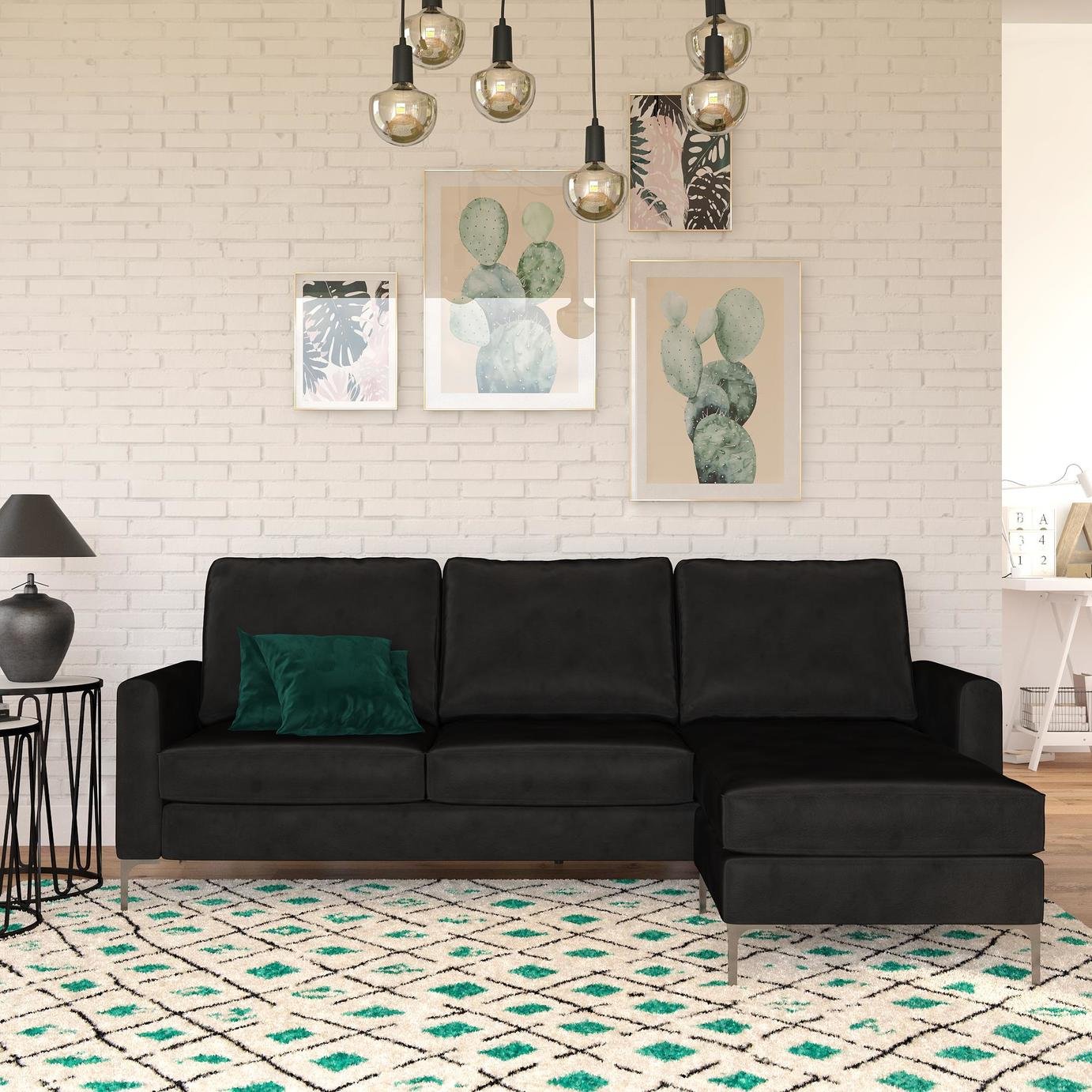 Novogratz Chapman Velvet Right Hand Corner Chaise Sofa-Black