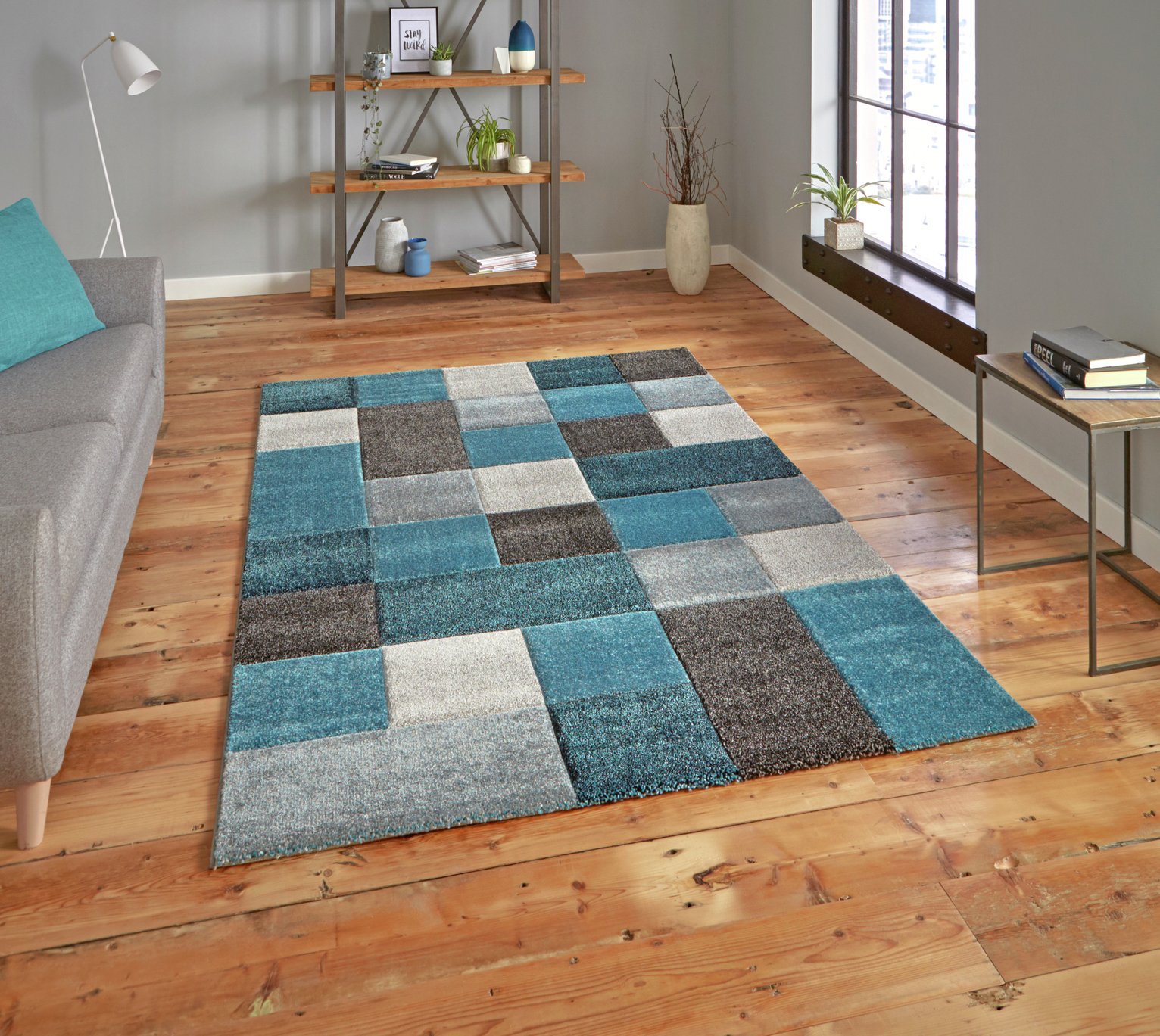 Think Rugs Brooklyn Geometric Blue and Grey Rug - 120x170cm